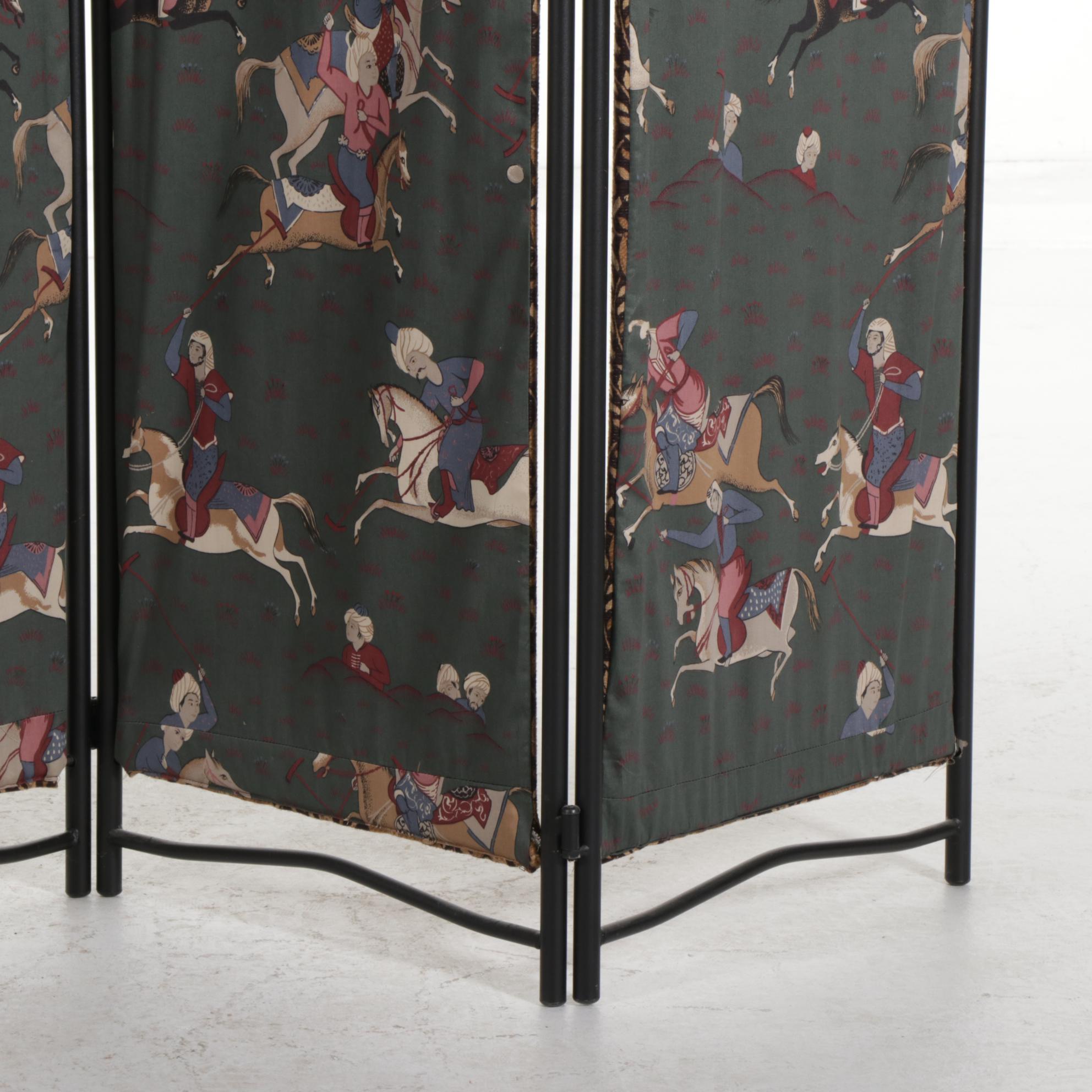 Pair of Metal Rod and Hanging Fabric Three-Panel Folding Room Screens
