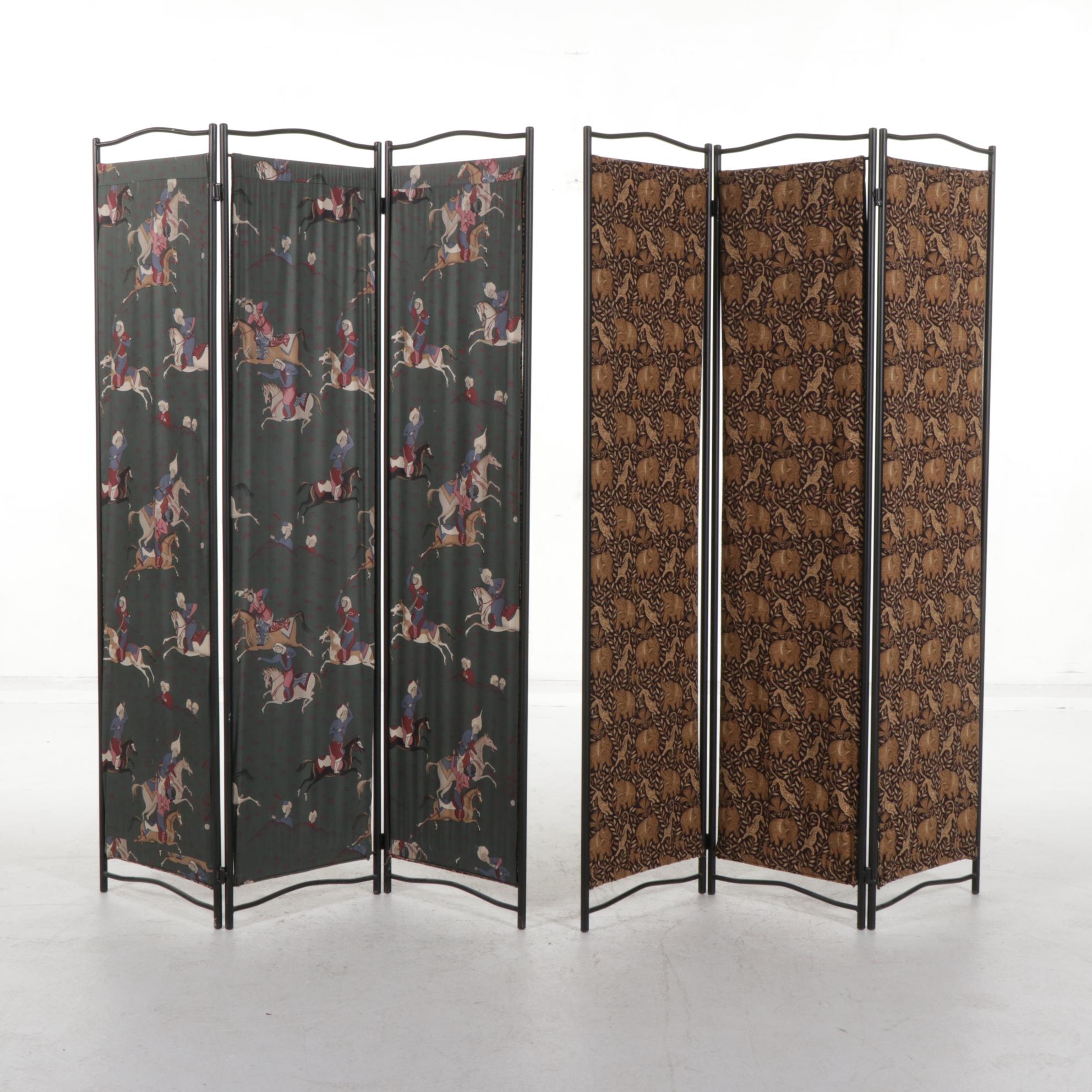 Pair of Metal Rod and Hanging Fabric Three-Panel Folding Room Screens