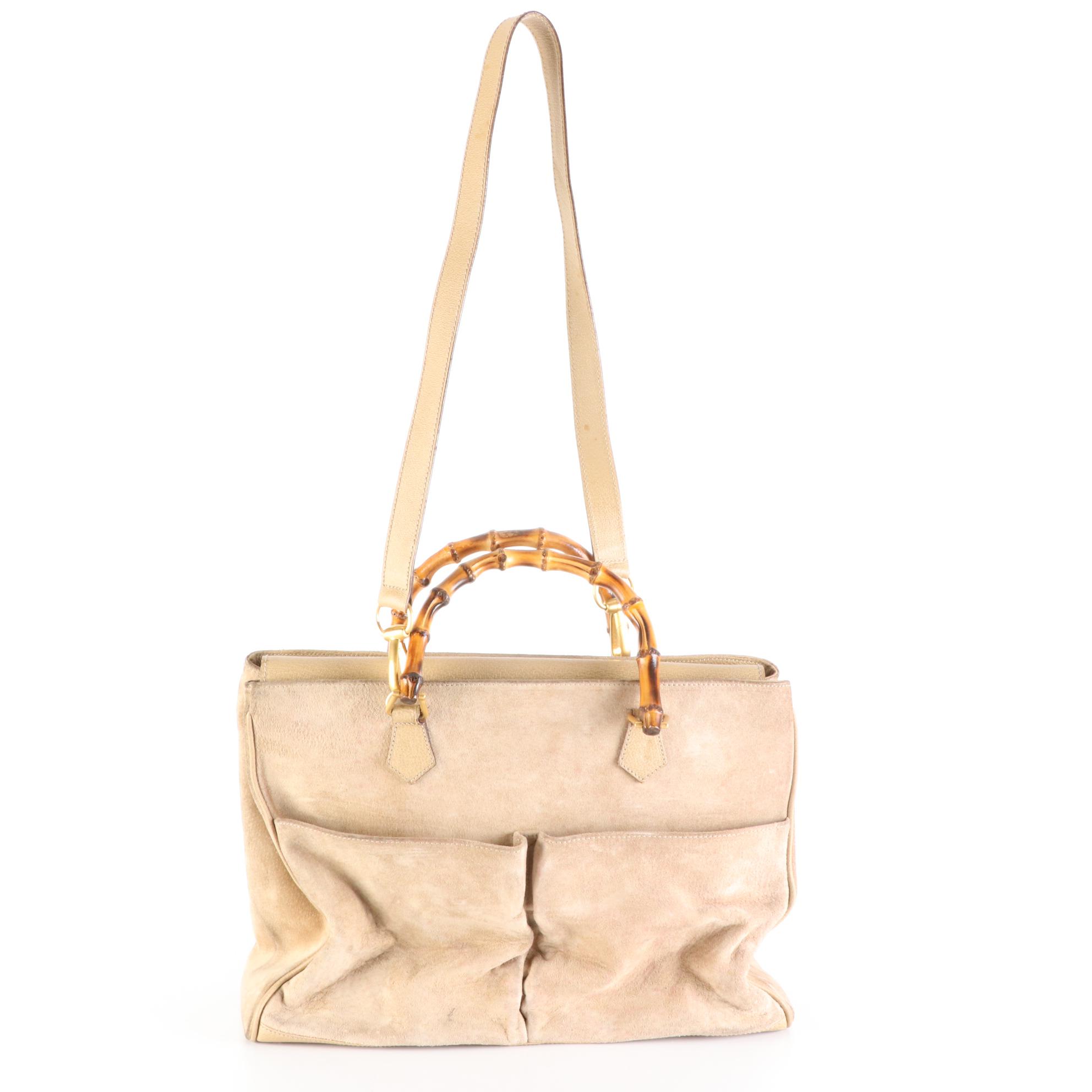Gucci Bamboo Handle Bag in Suede and Leather with Detachable Strap