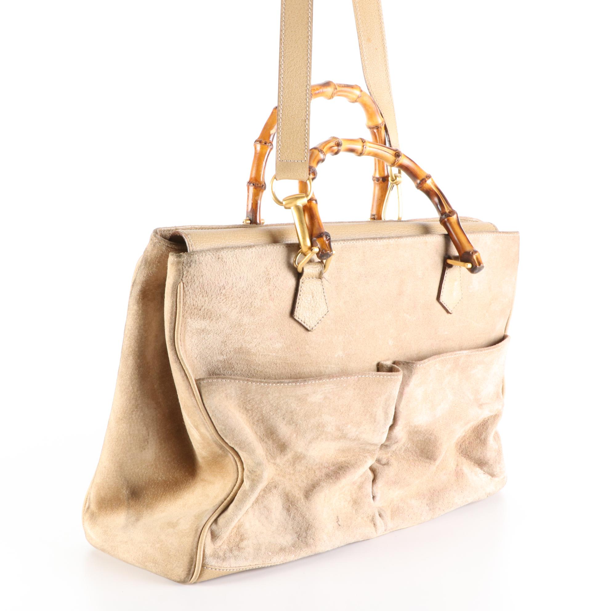 Gucci Bamboo Handle Bag in Suede and Leather with Detachable Strap