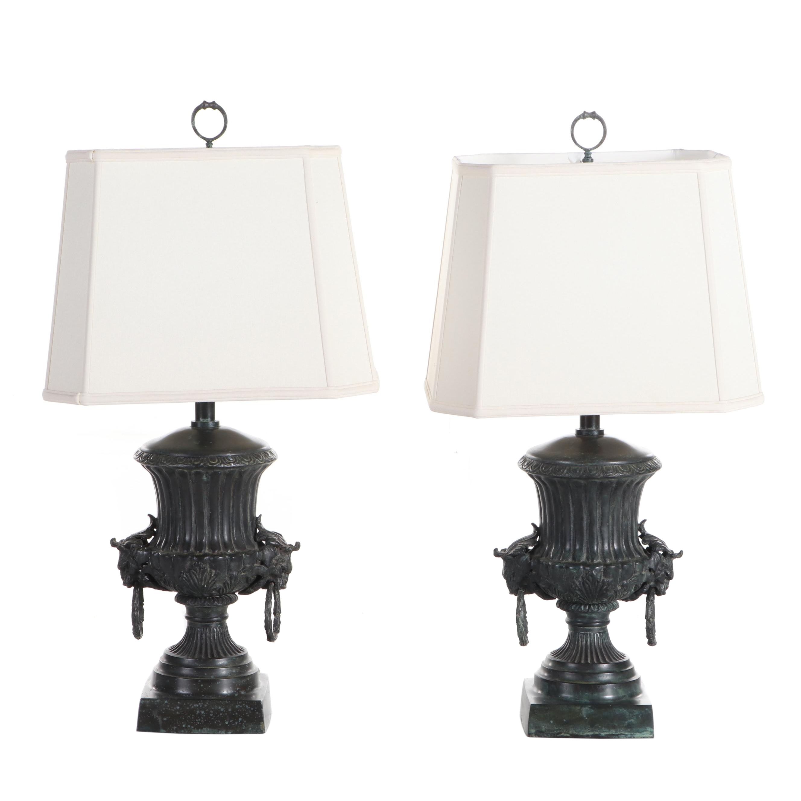 Pair of Maitland-Smith Patinated Metal Lion's Head Urn Table Lamps