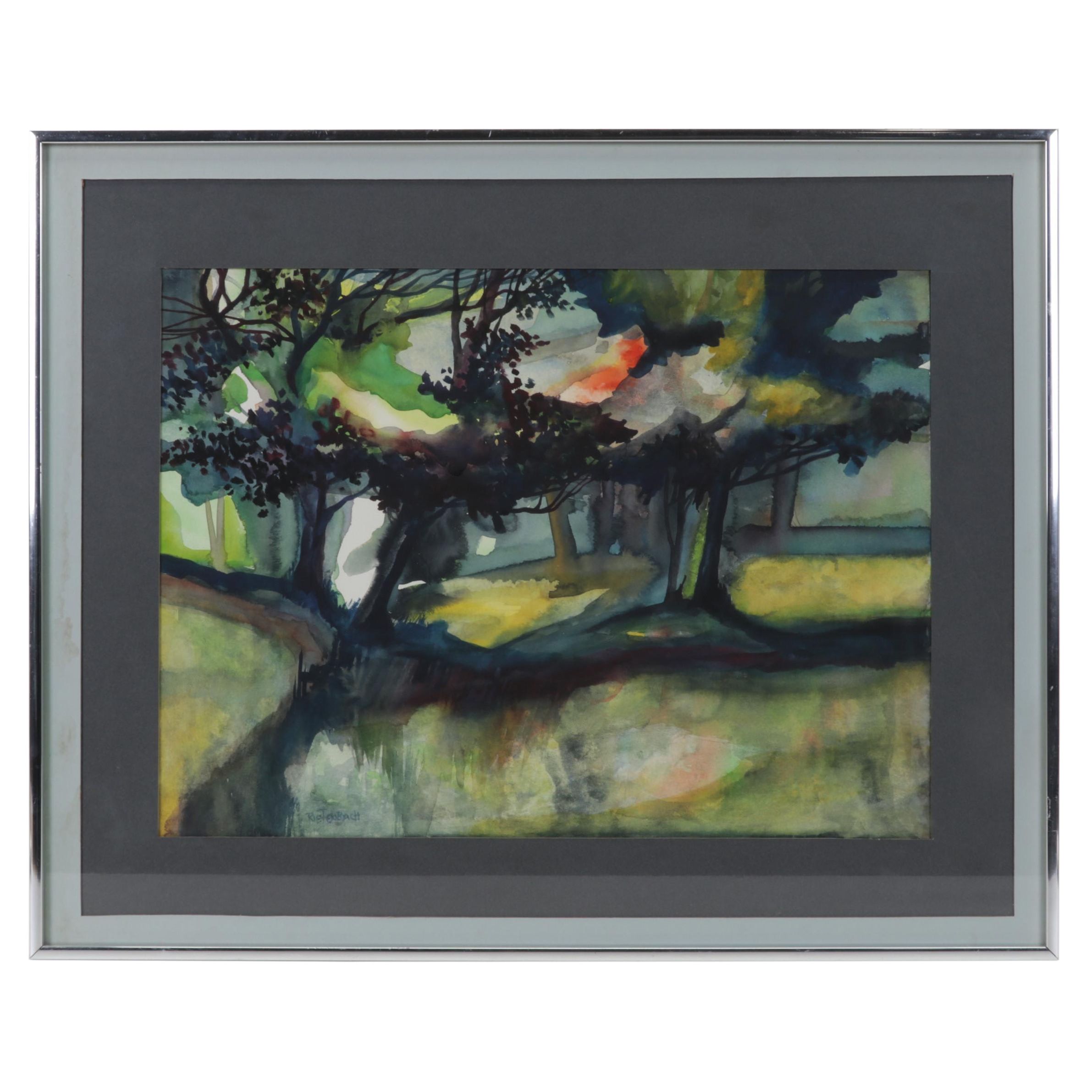 Rural Pond Landscape Watercolor Painting, Late 20th Century