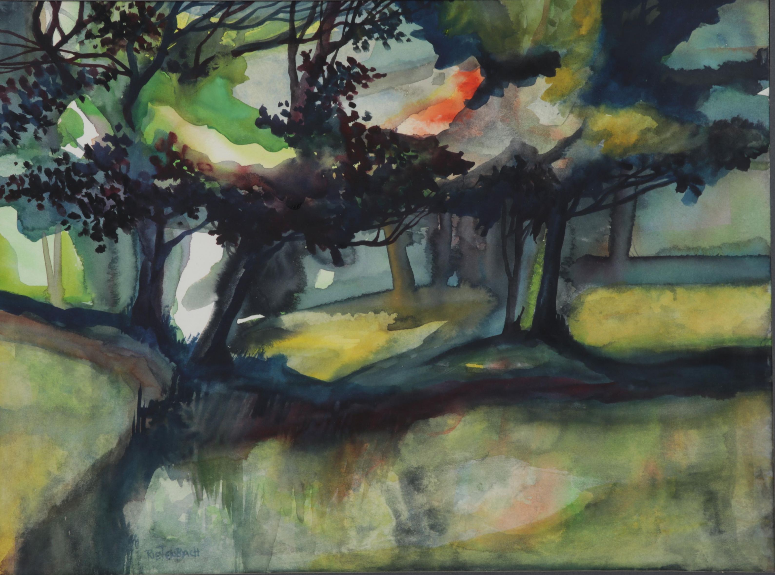 Rural Pond Landscape Watercolor Painting, Late 20th Century