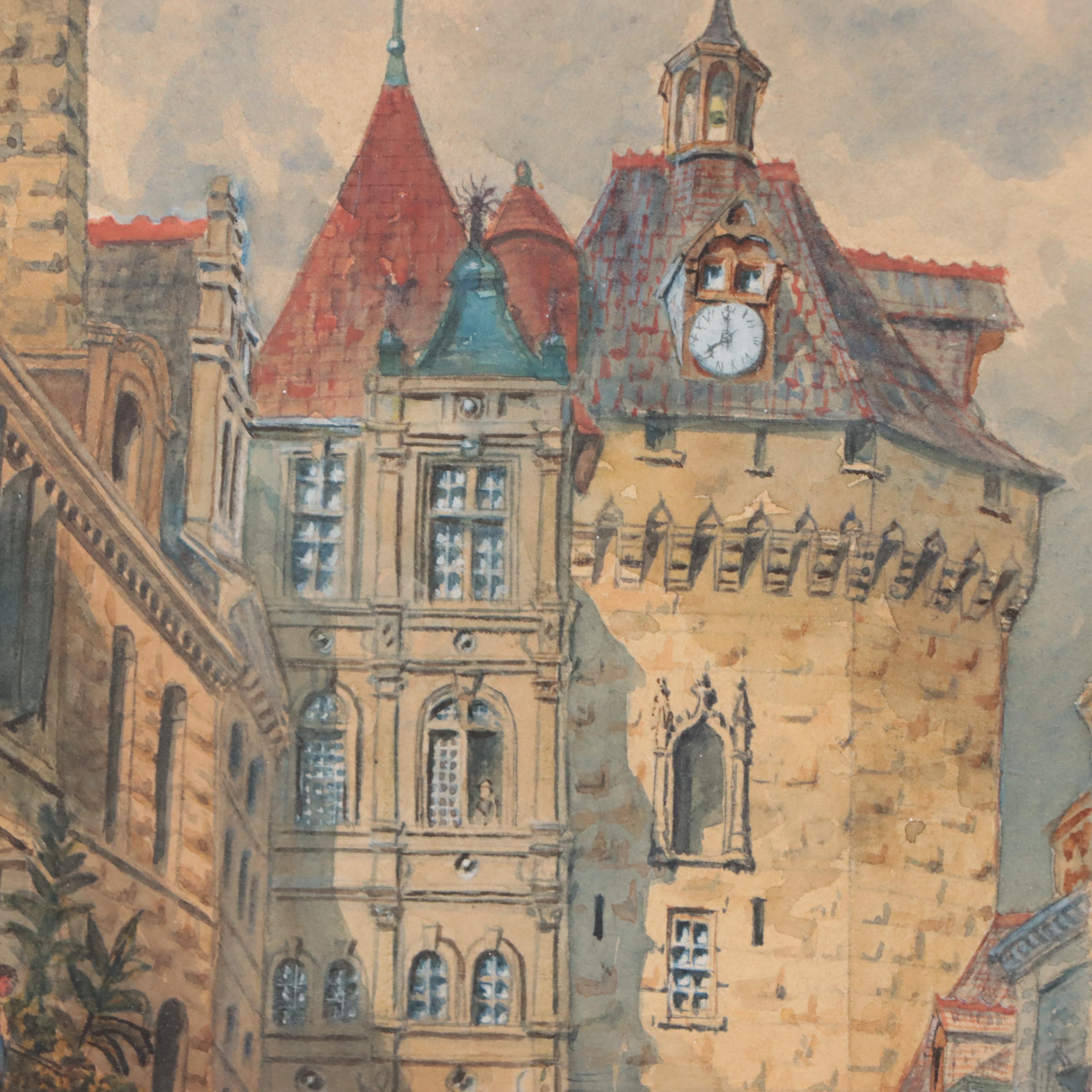Watercolor Paintings of European City Scenes Including Loches Town Hall