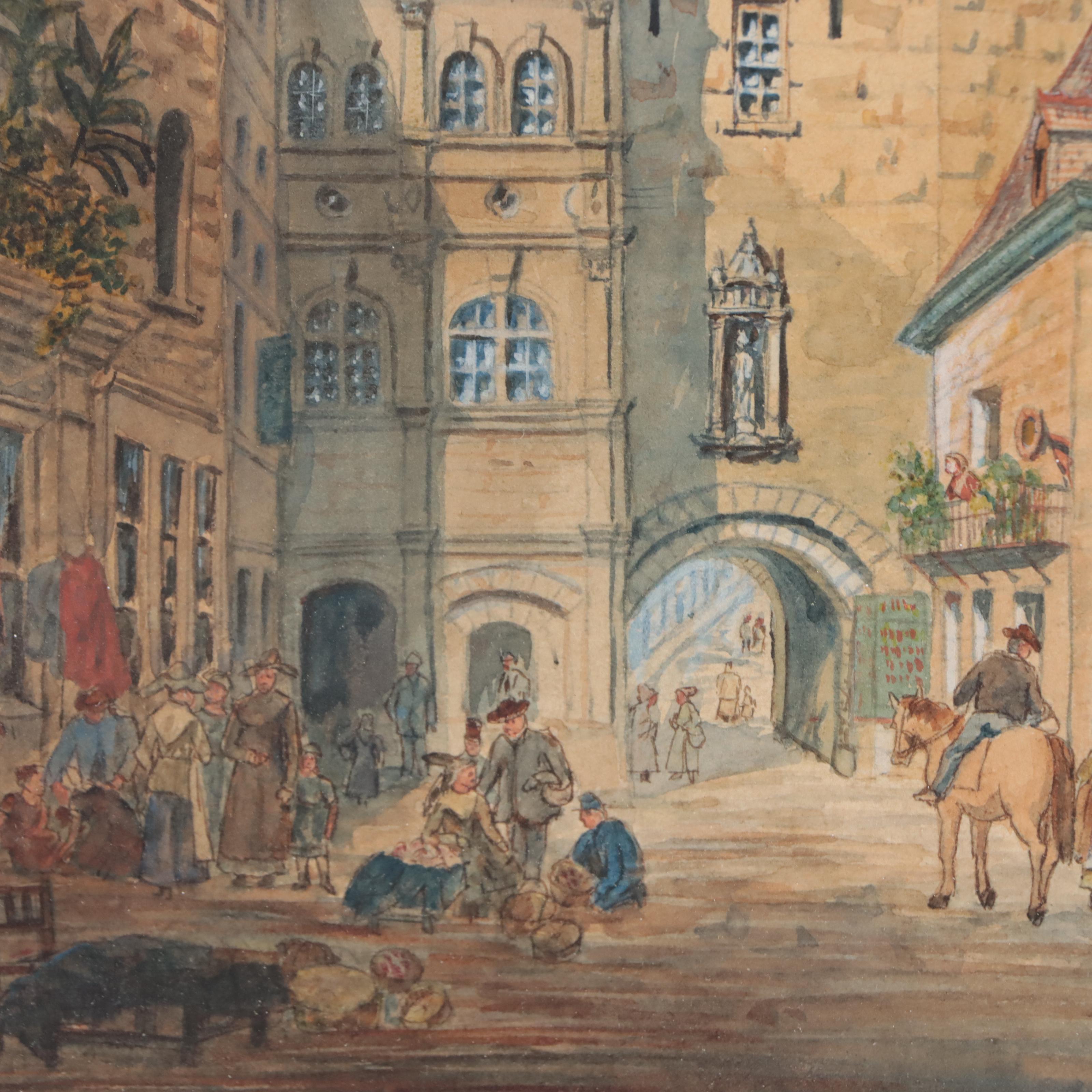Watercolor Paintings of European City Scenes Including Loches Town Hall