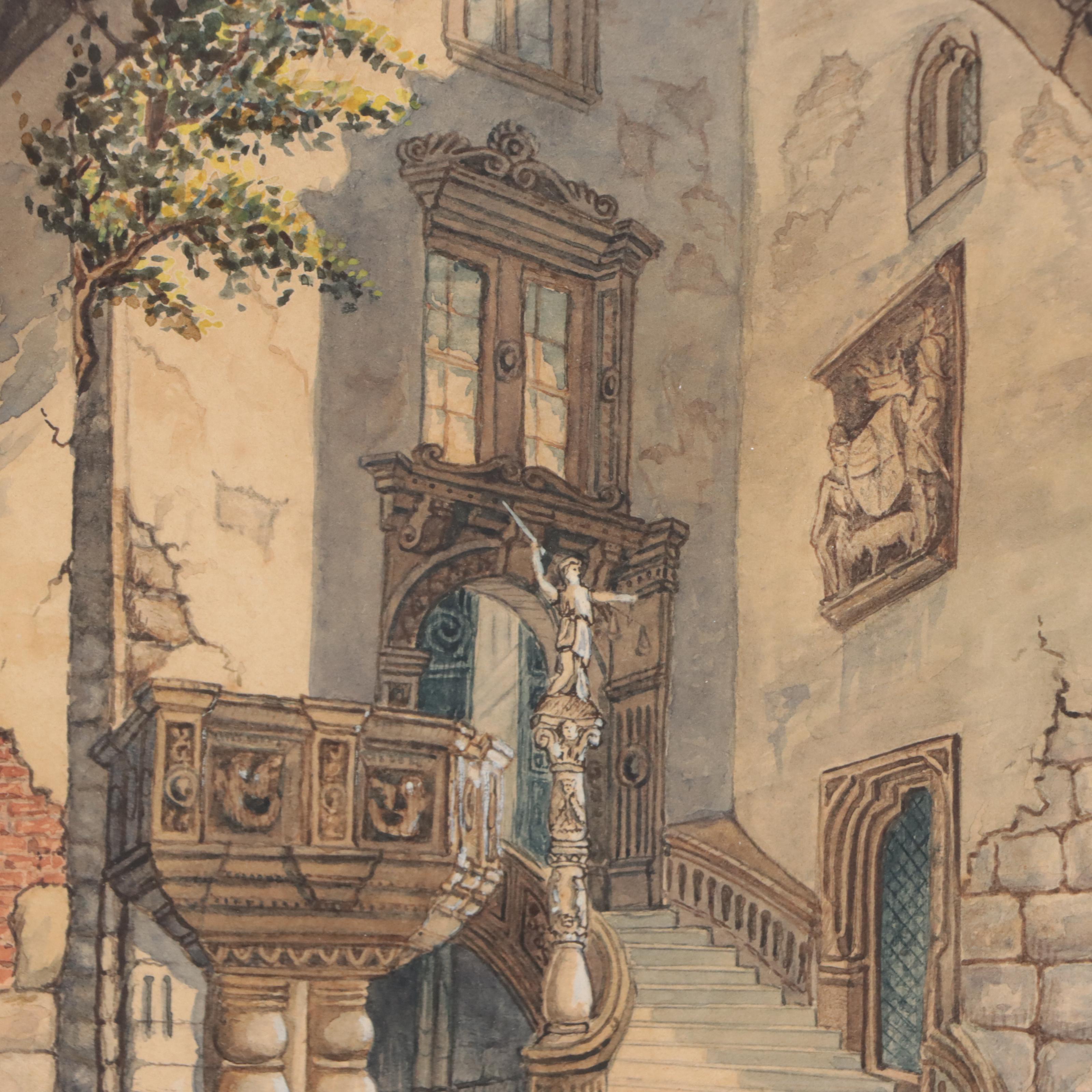 Watercolor Paintings of European City Scenes Including Loches Town Hall