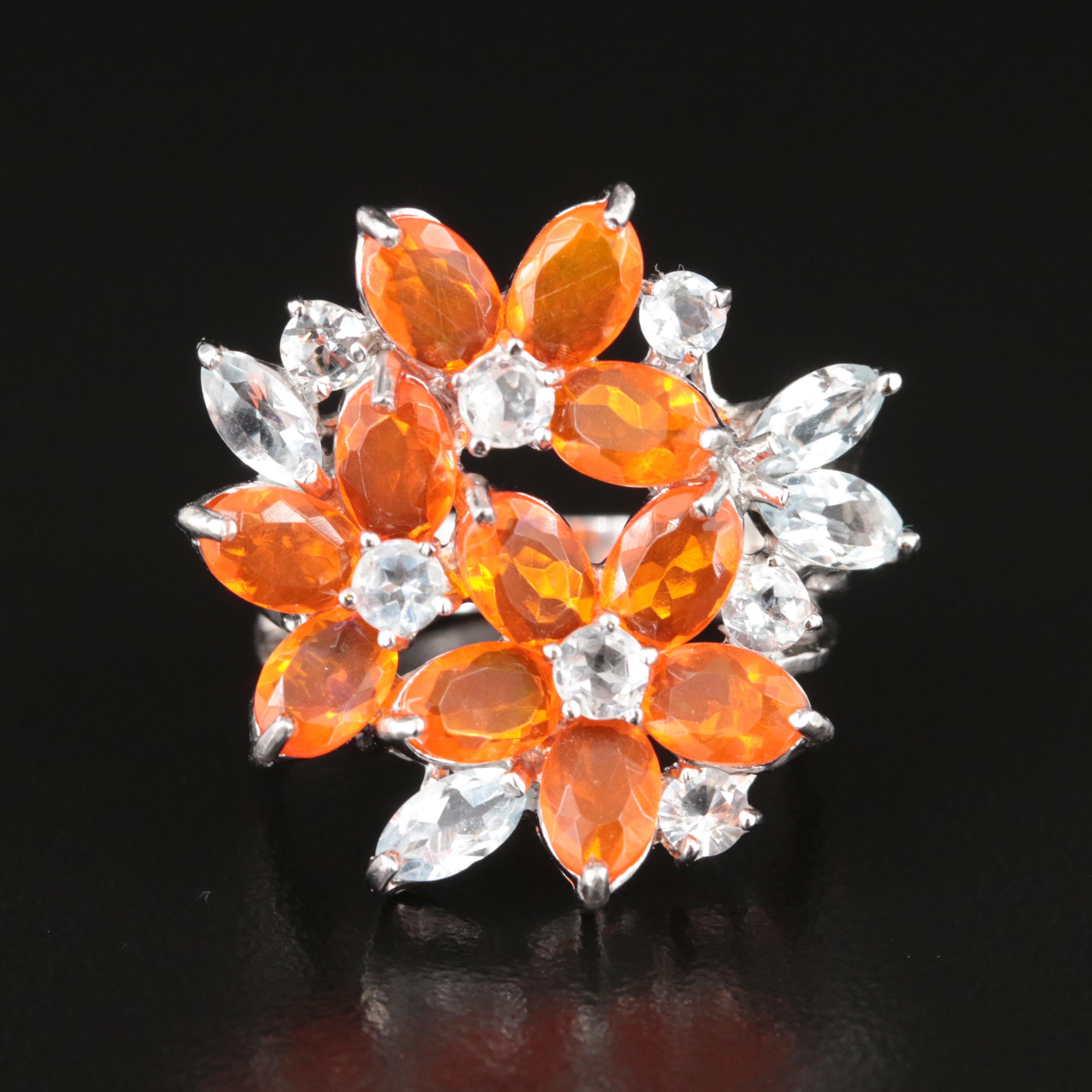 Sterling Fire Opal and Aquamarine Floral Ring