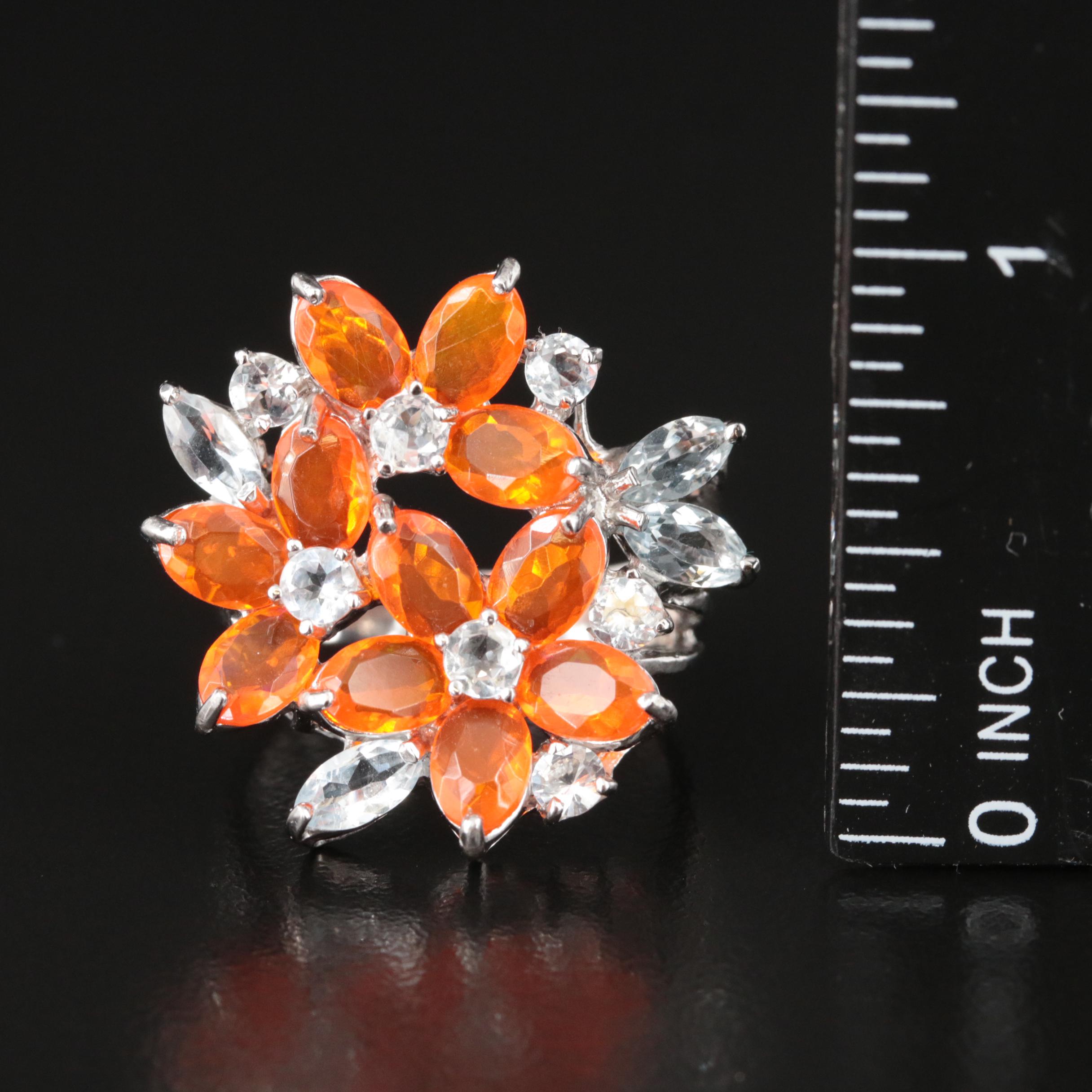 Sterling Fire Opal and Aquamarine Floral Ring