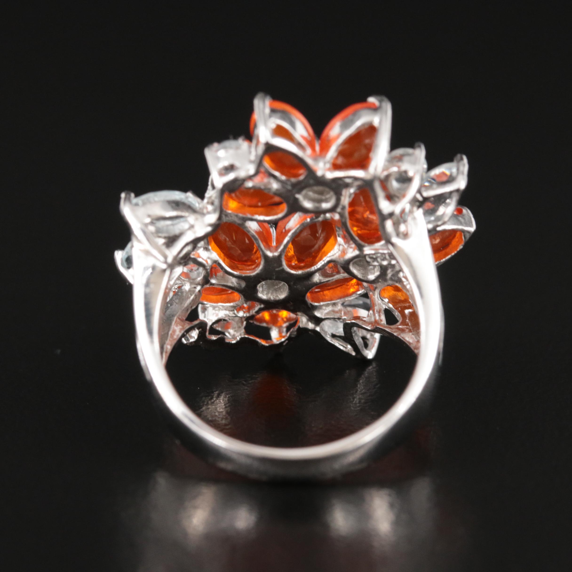 Sterling Fire Opal and Aquamarine Floral Ring