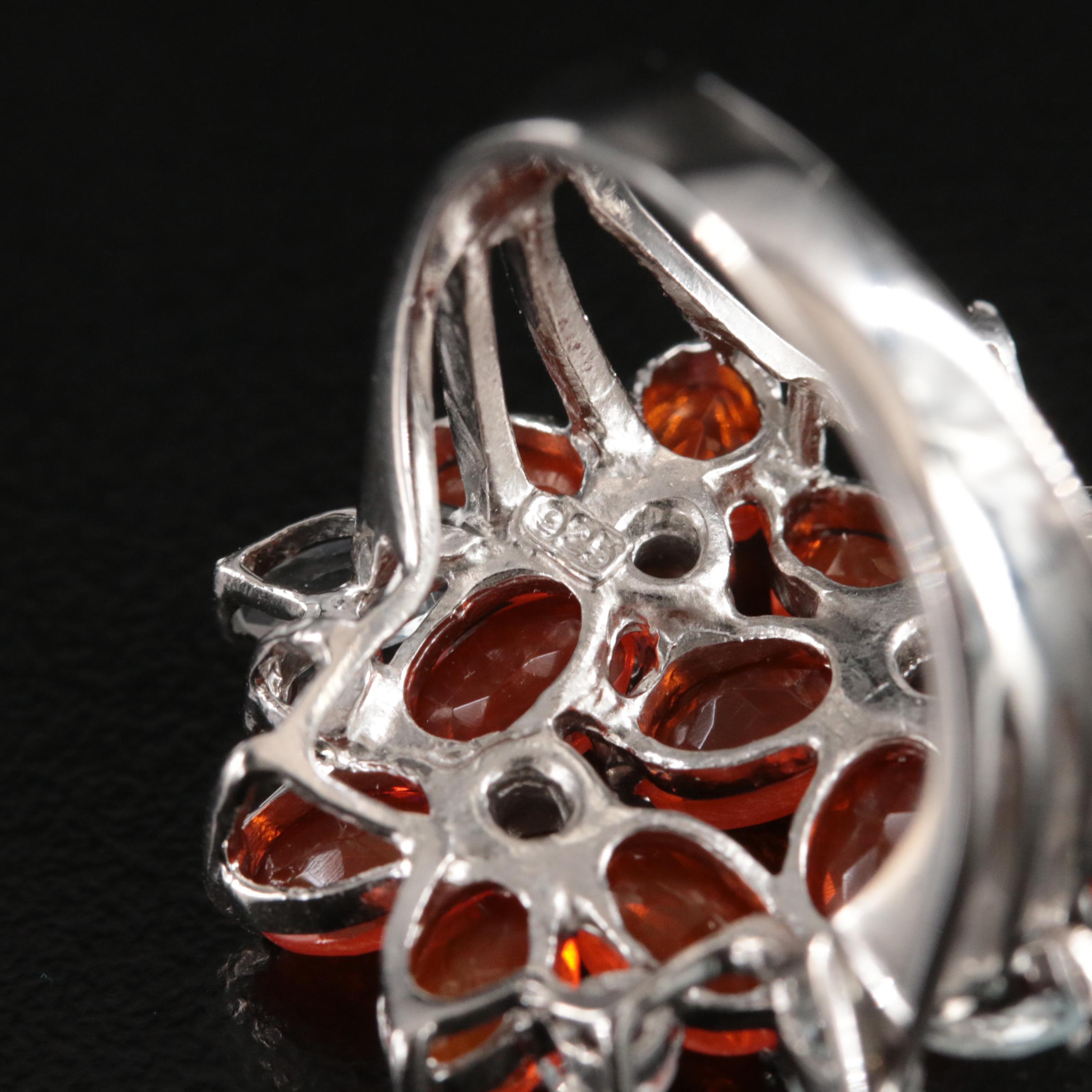 Sterling Fire Opal and Aquamarine Floral Ring