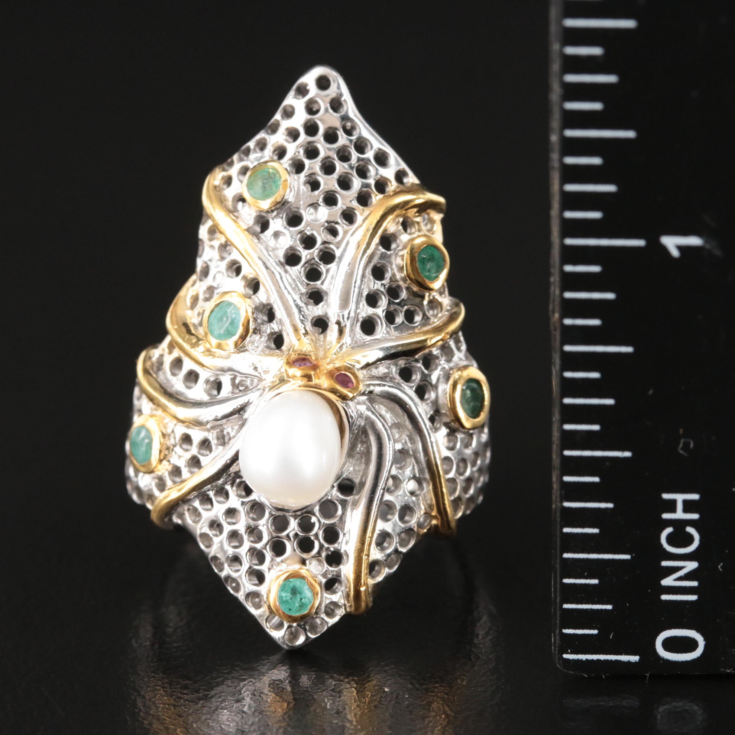 Sterling Pearl and Emerald Octopus Ring