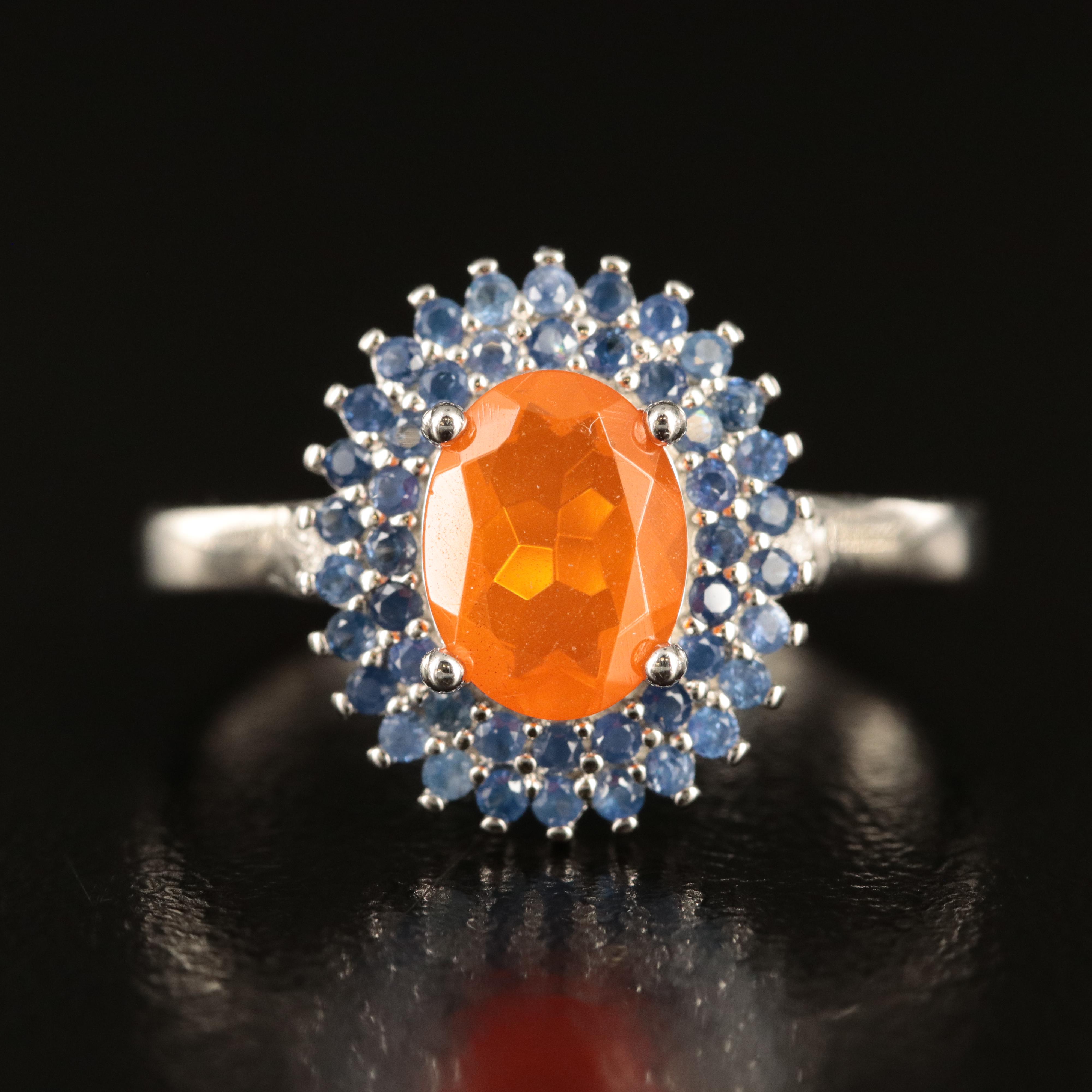 Sterling Fire Opal and Sapphire Ring
