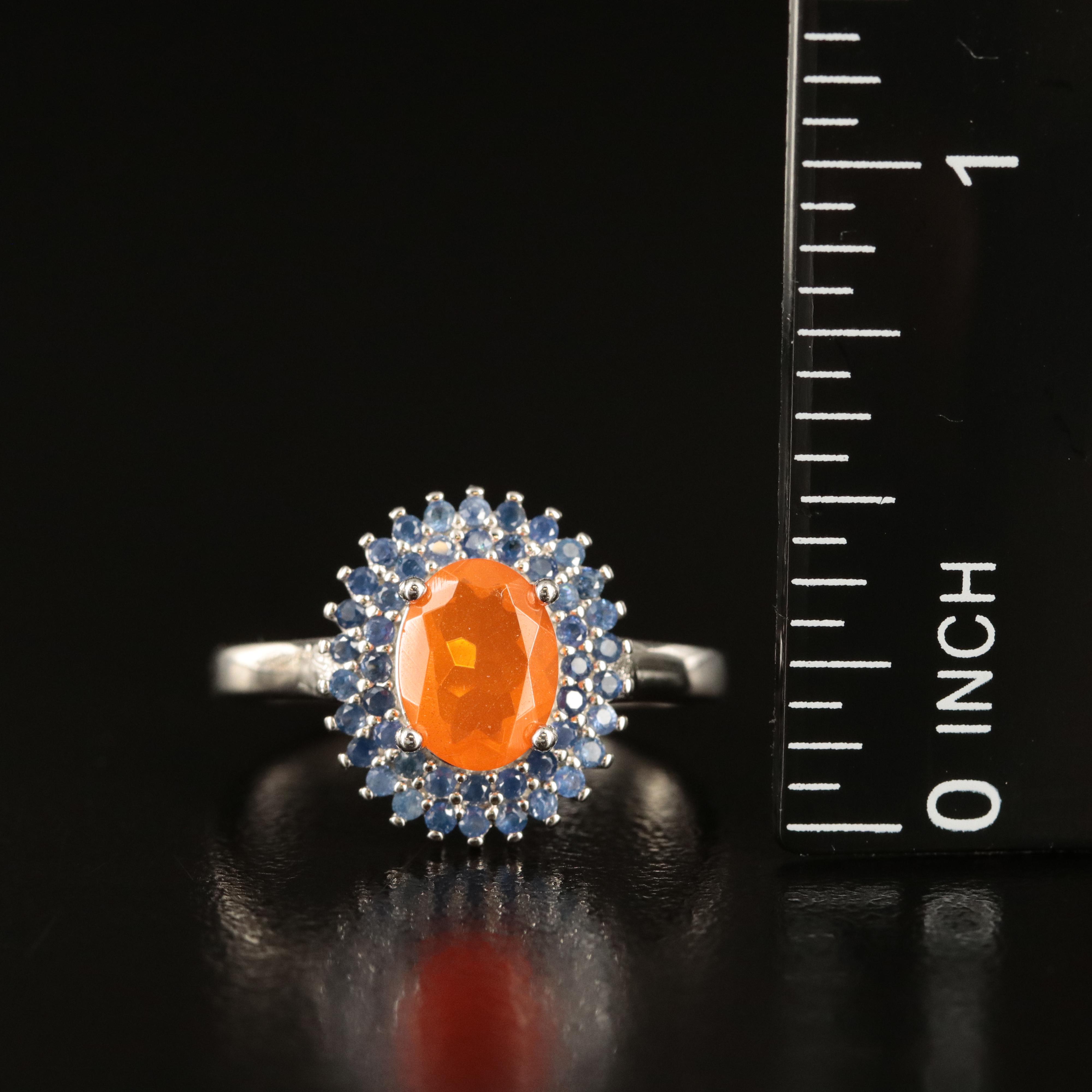 Sterling Fire Opal and Sapphire Ring