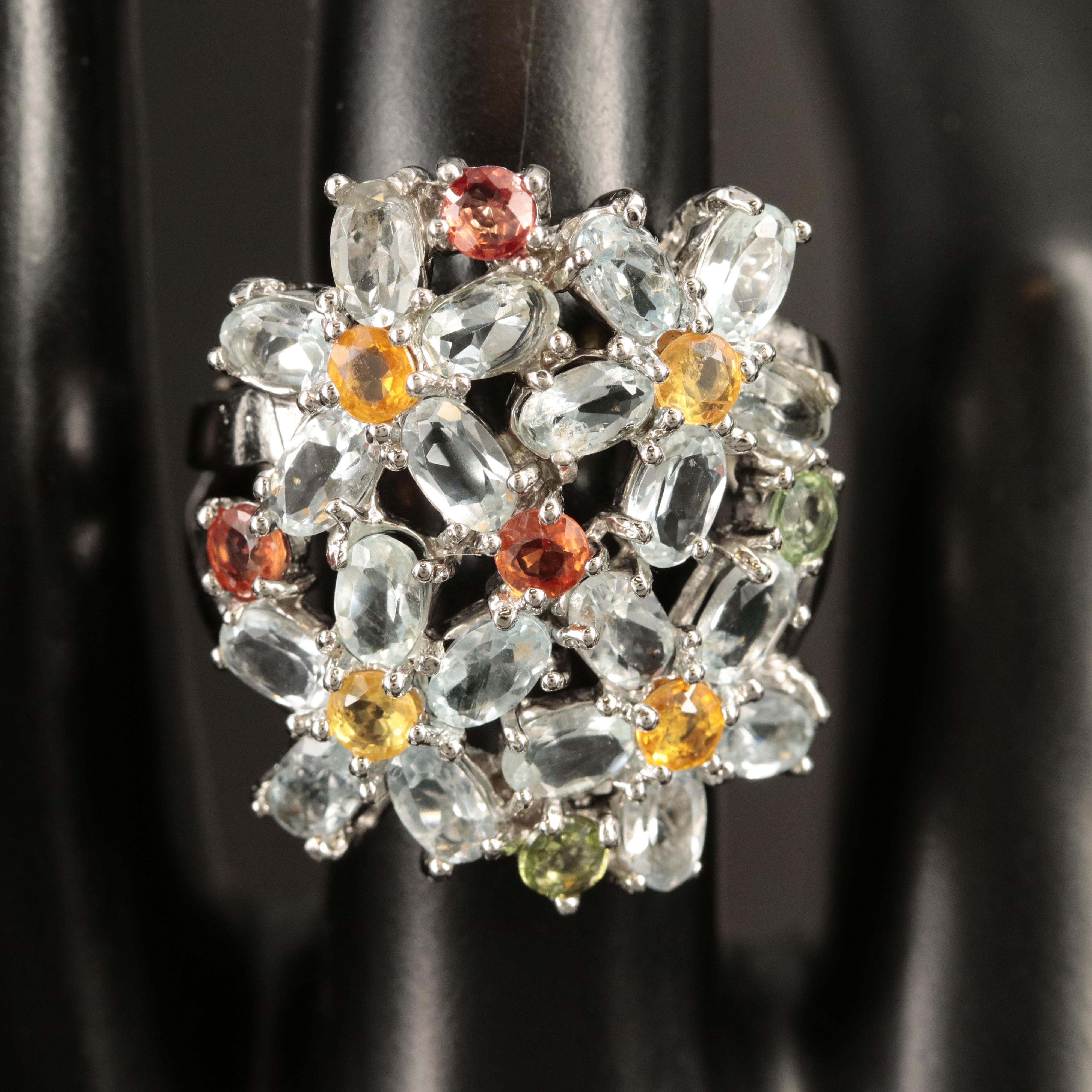 Sterling Aquamarine and Sapphire Flower Ring