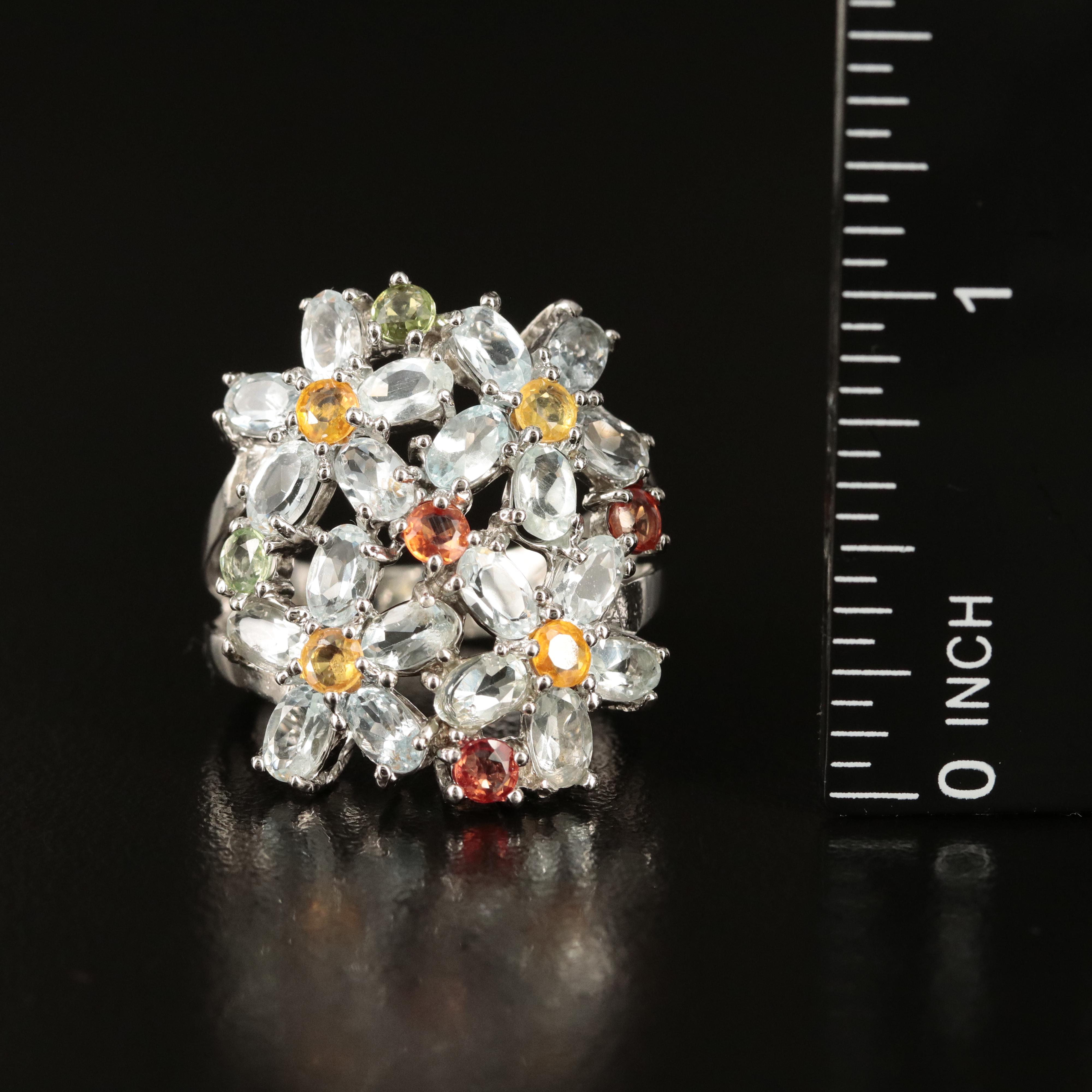 Sterling Aquamarine and Sapphire Flower Ring