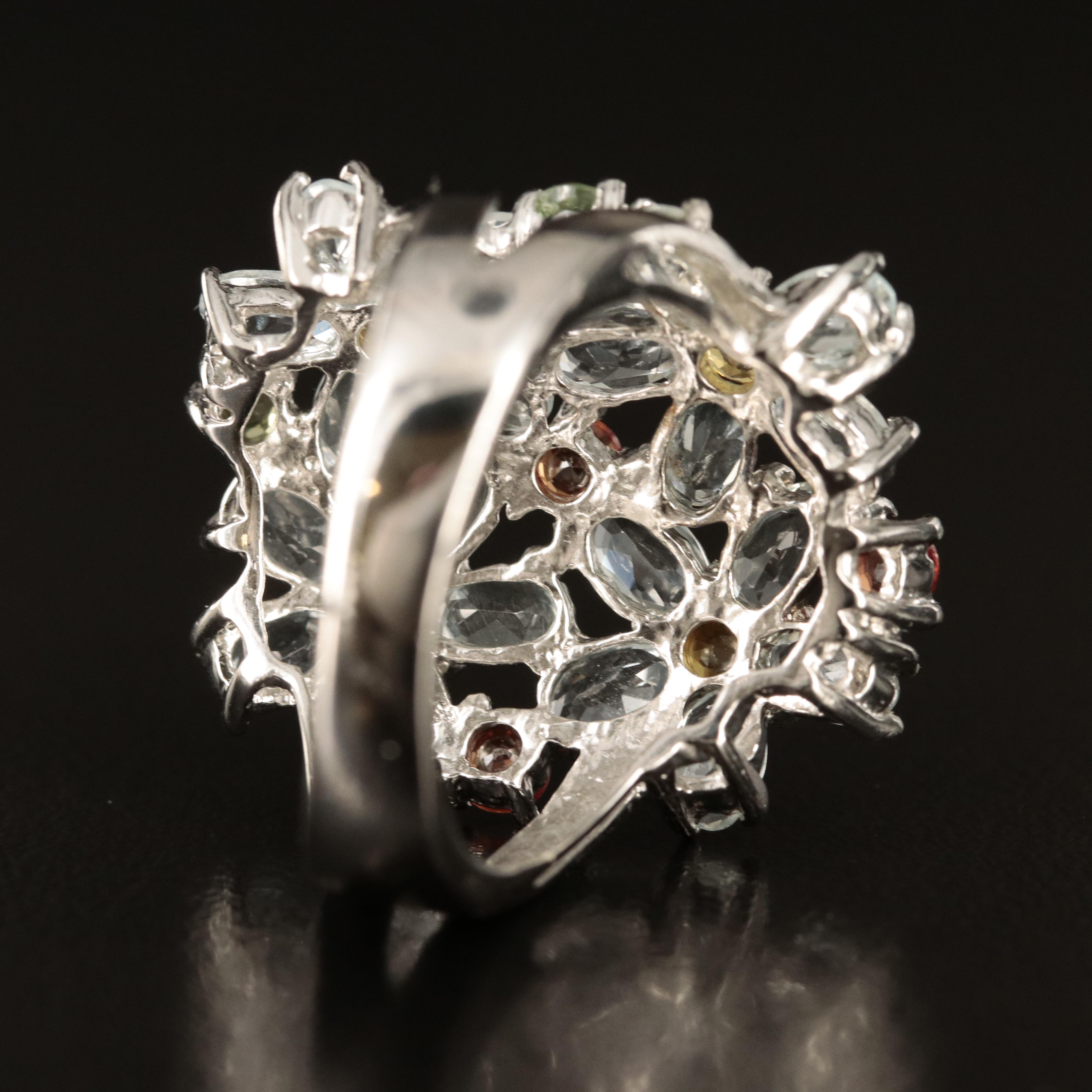 Sterling Aquamarine and Sapphire Flower Ring