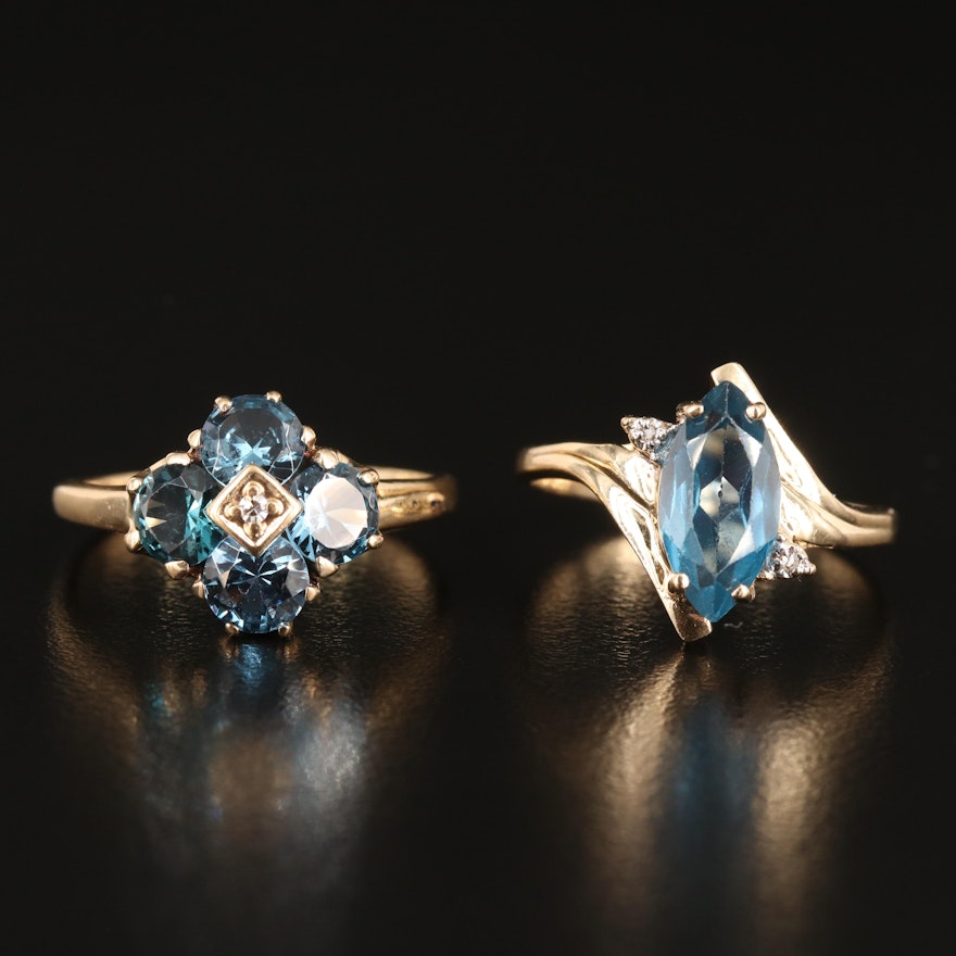 10K London Blue  Topaz and Diamond Navette and Quatrefoil Ring