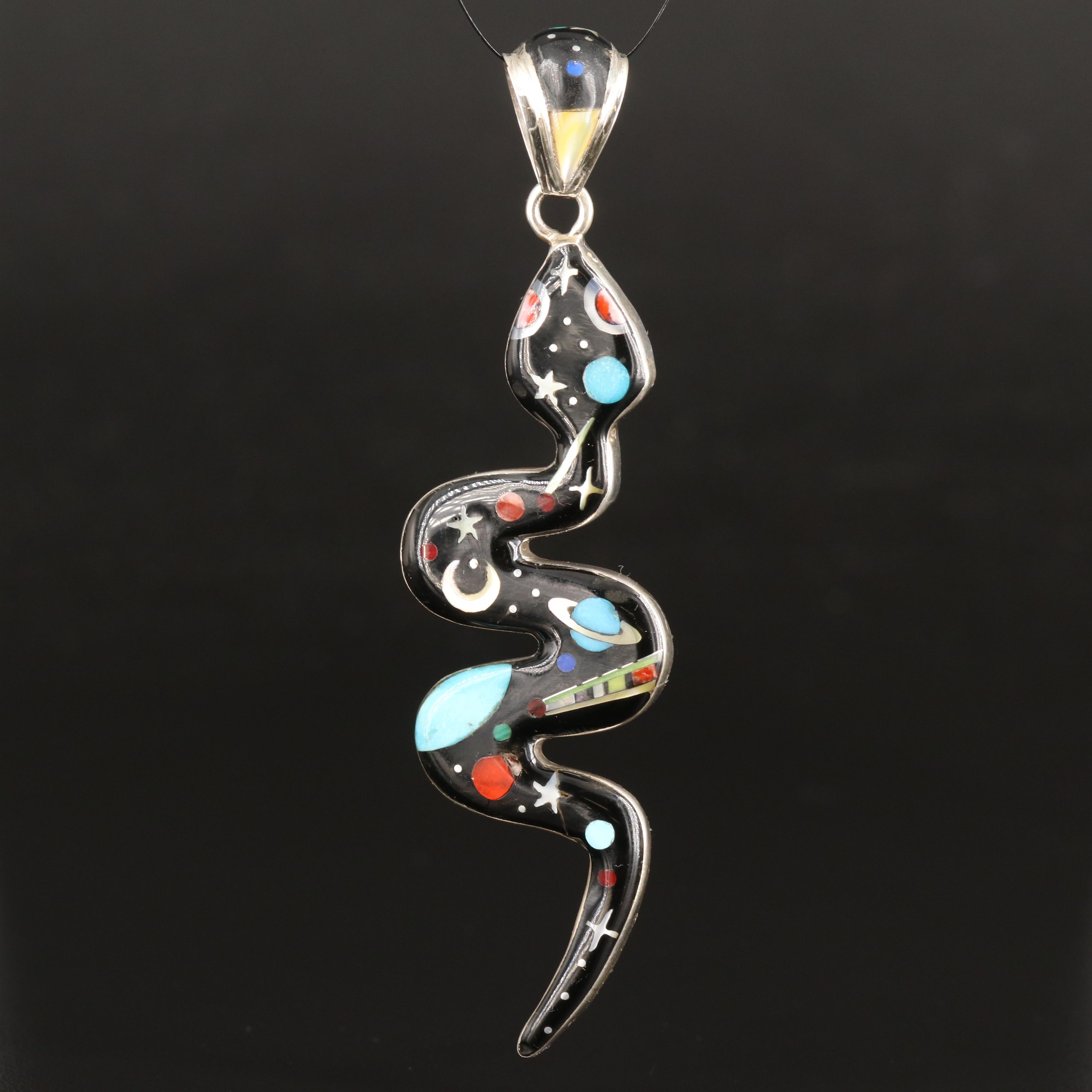 Sterling Turquoise and Gemstone Snake Inlay Pendant