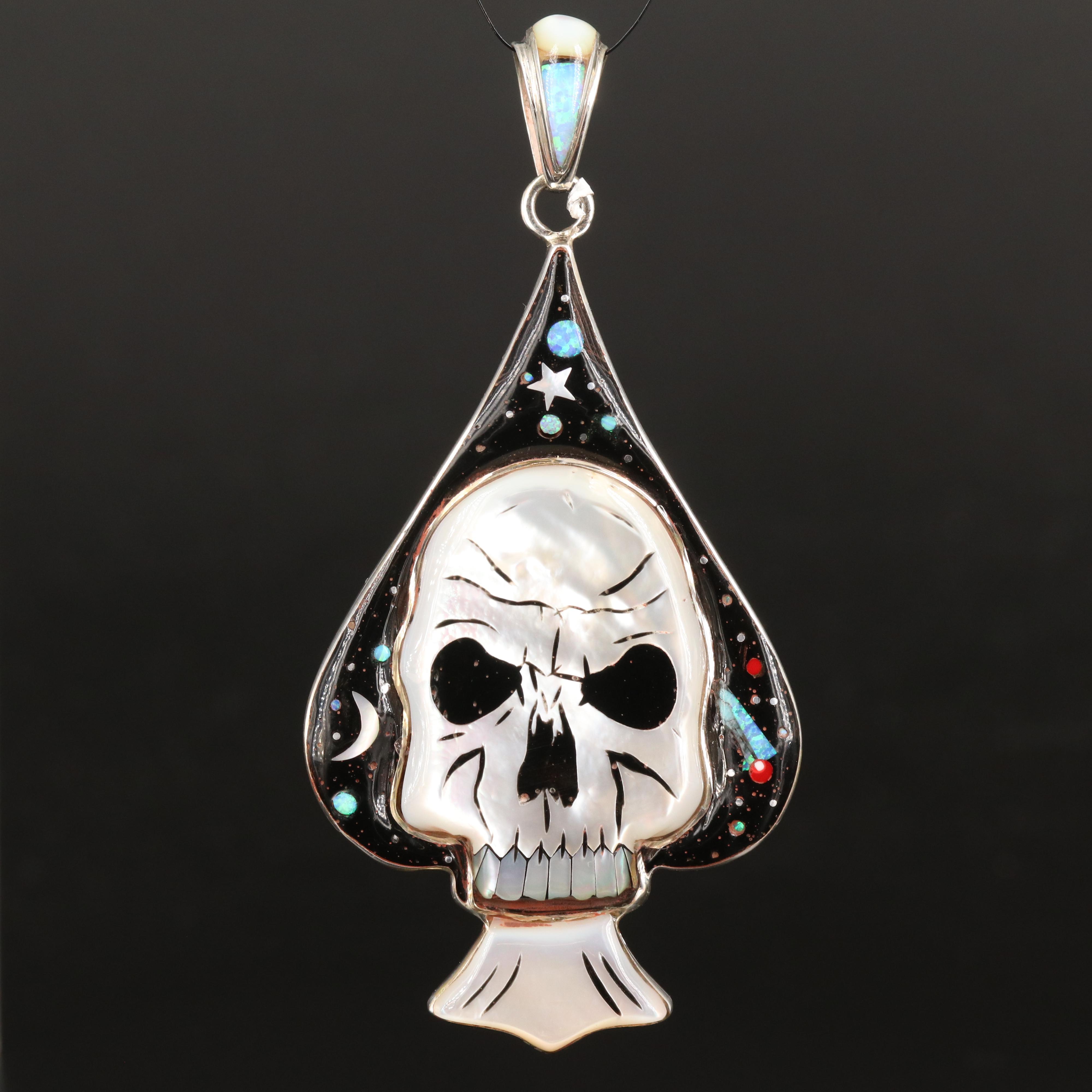 Sterling Skull and Spade Inlay Pendant