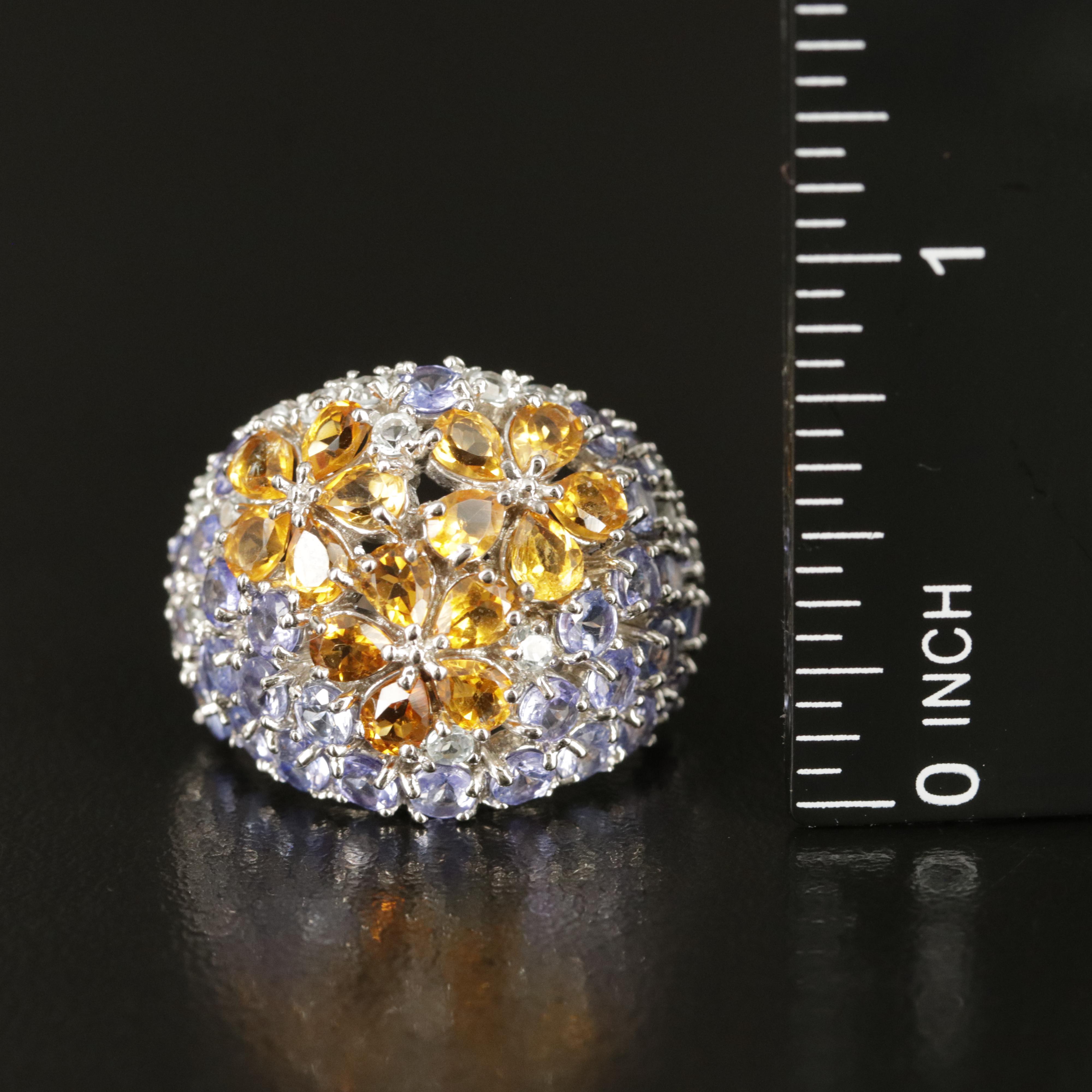 Sterling Tanzanite and Citrine Domed Flower Ring