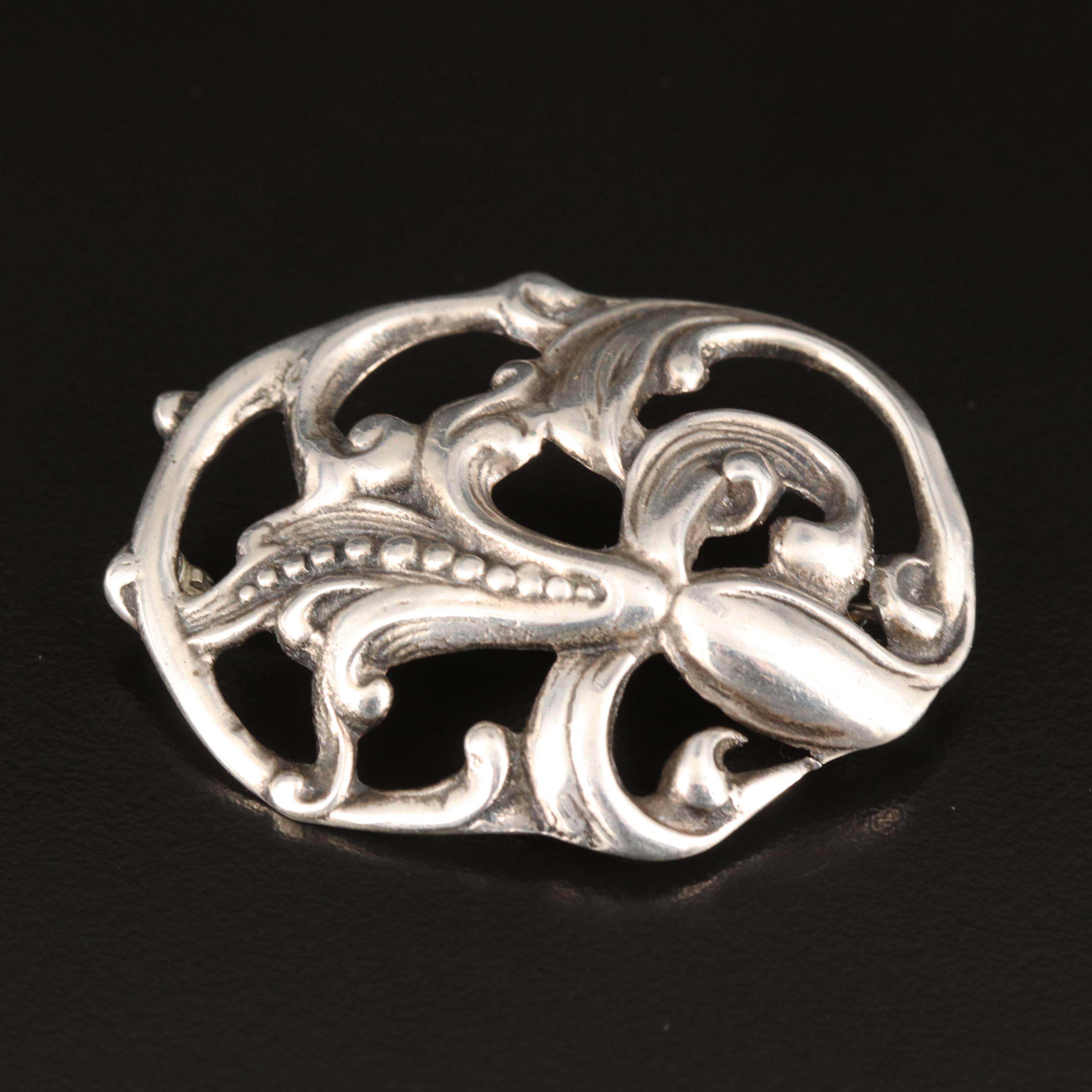 Vintage Sterling Oval Floral Brooch