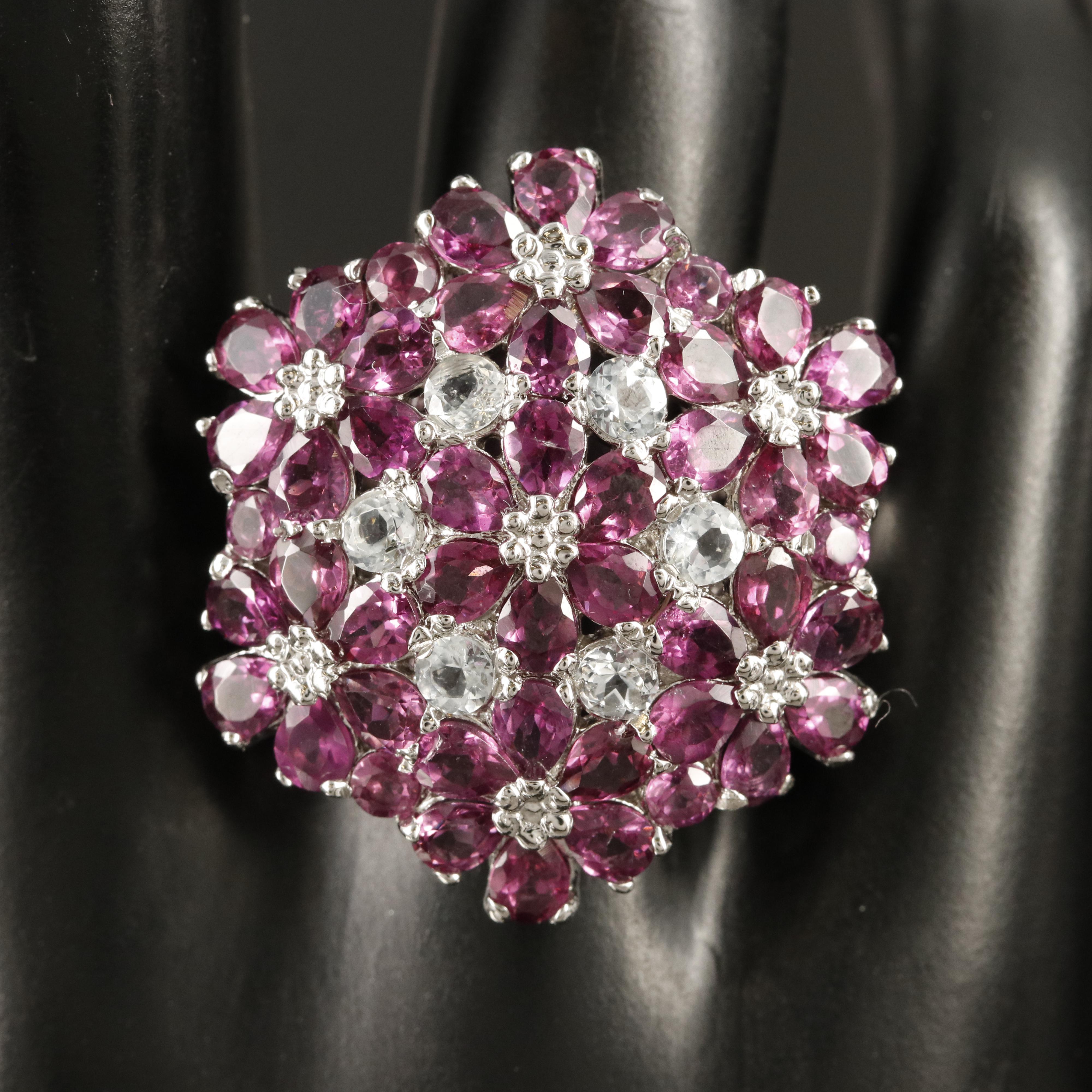 Sterling Rhodolite Garnet and Aquamarine Floral Ring