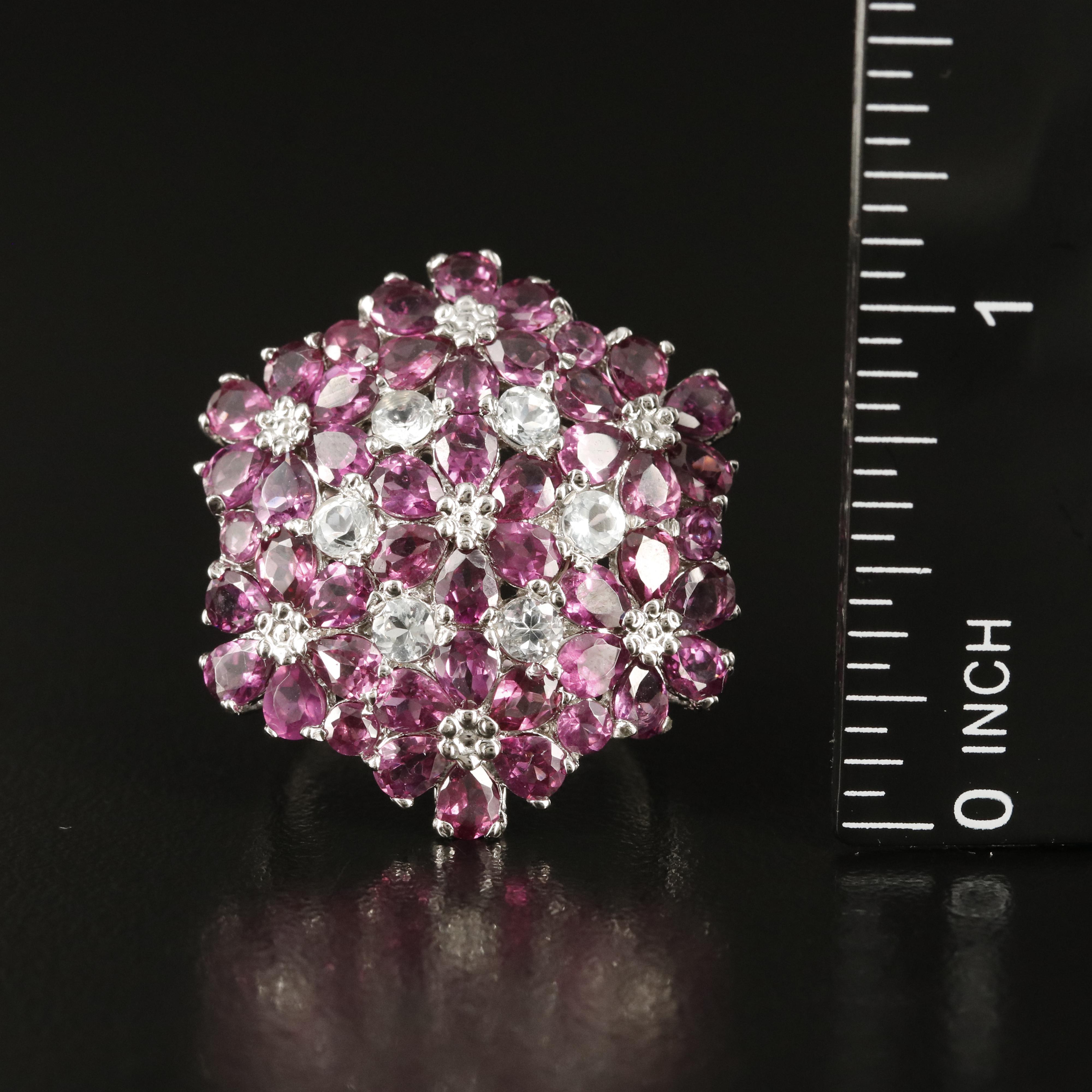 Sterling Rhodolite Garnet and Aquamarine Floral Ring