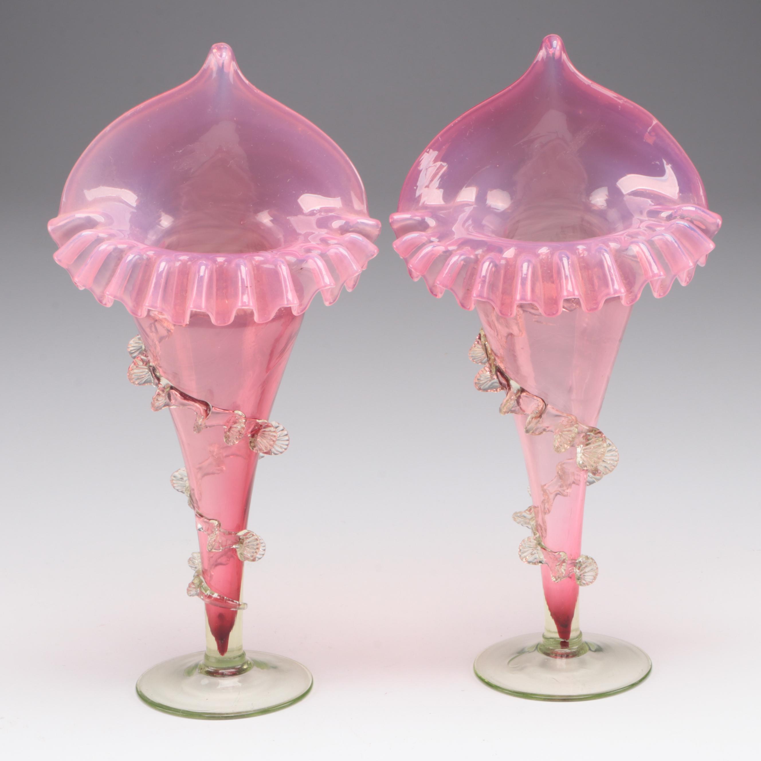 English Uranium Footed and Other  Cranberry Glass Jack-in-the-Pulpit Vases