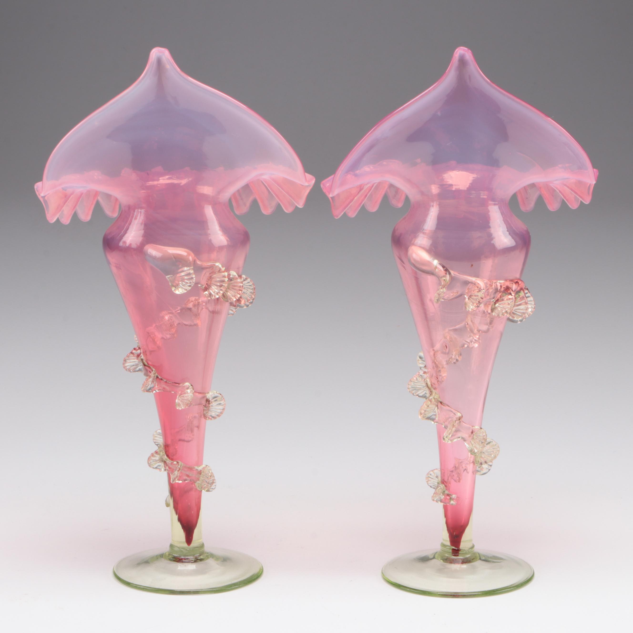 English Uranium Footed and Other  Cranberry Glass Jack-in-the-Pulpit Vases