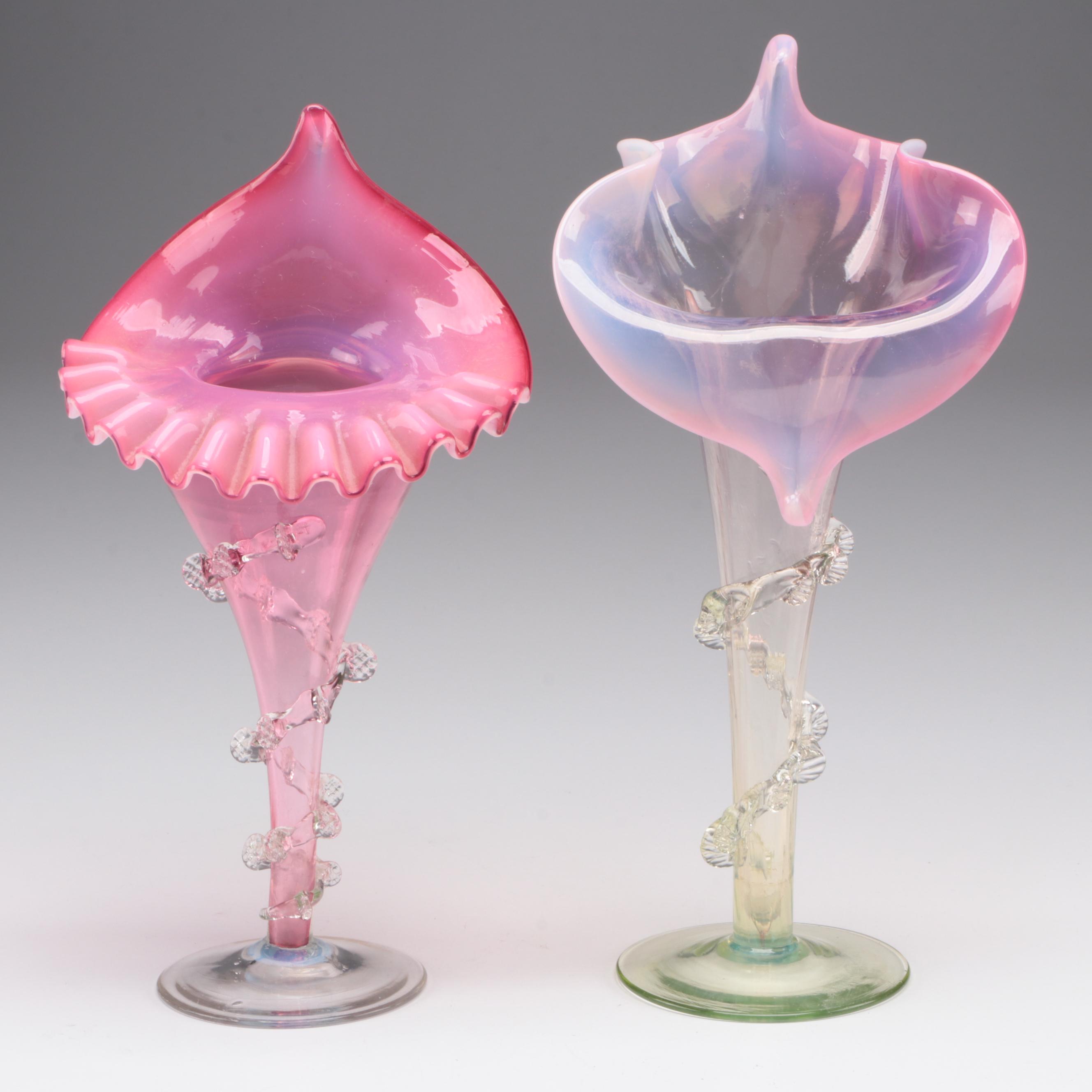 English Uranium Footed and Other  Cranberry Glass Jack-in-the-Pulpit Vases