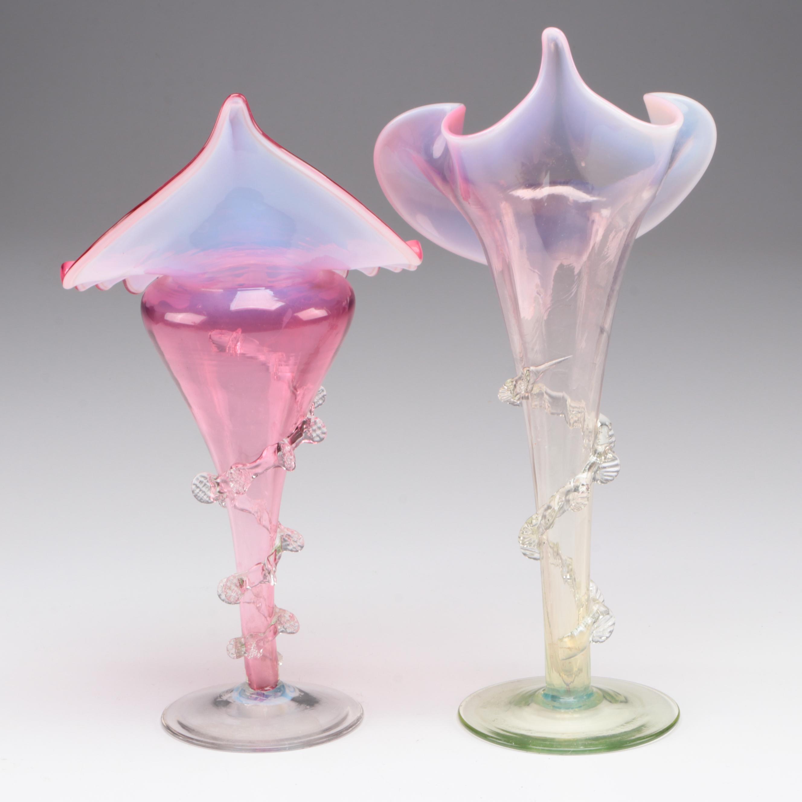 English Uranium Footed and Other  Cranberry Glass Jack-in-the-Pulpit Vases