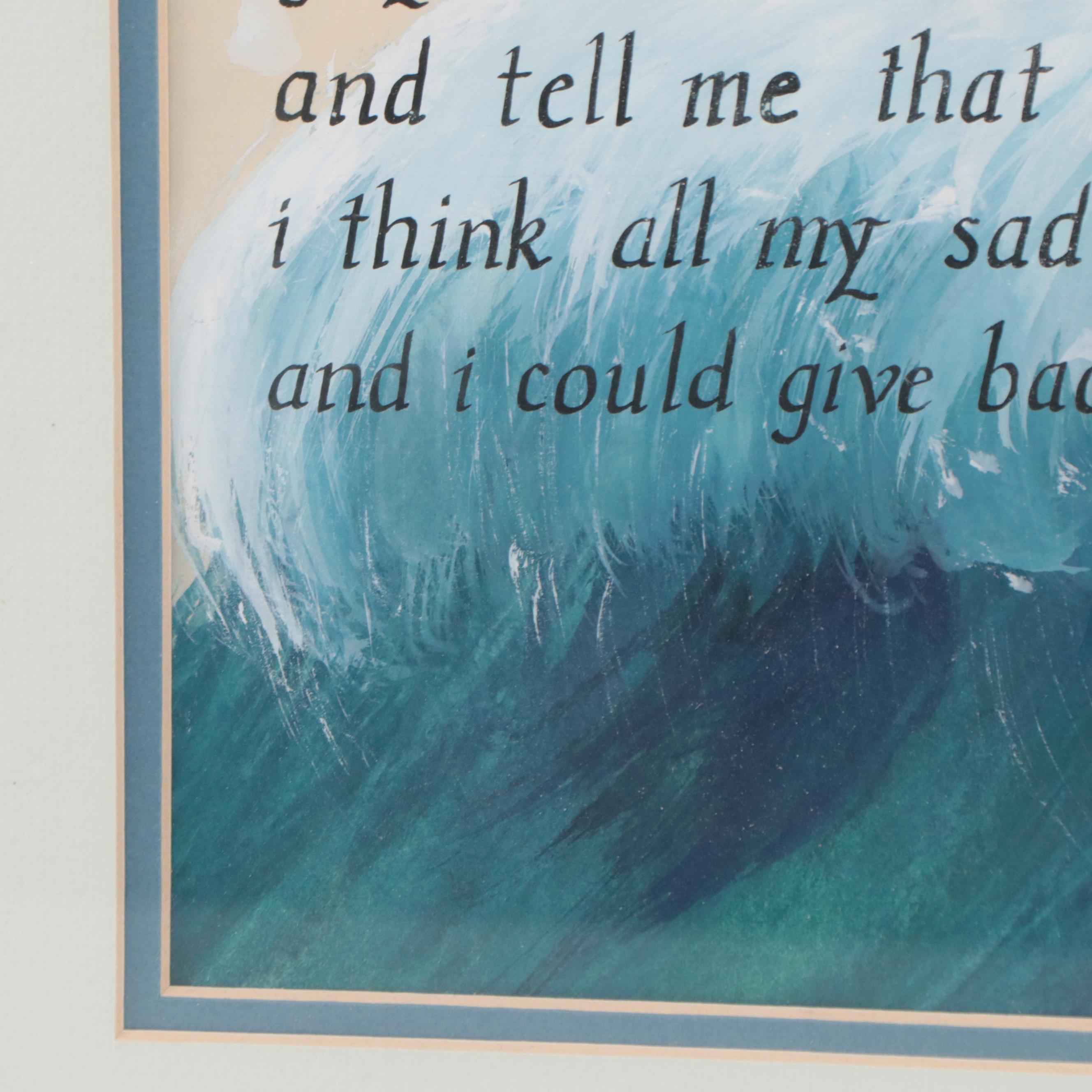 Watercolor Painting of Ocean Wave With Inscribed Verse "Longing"