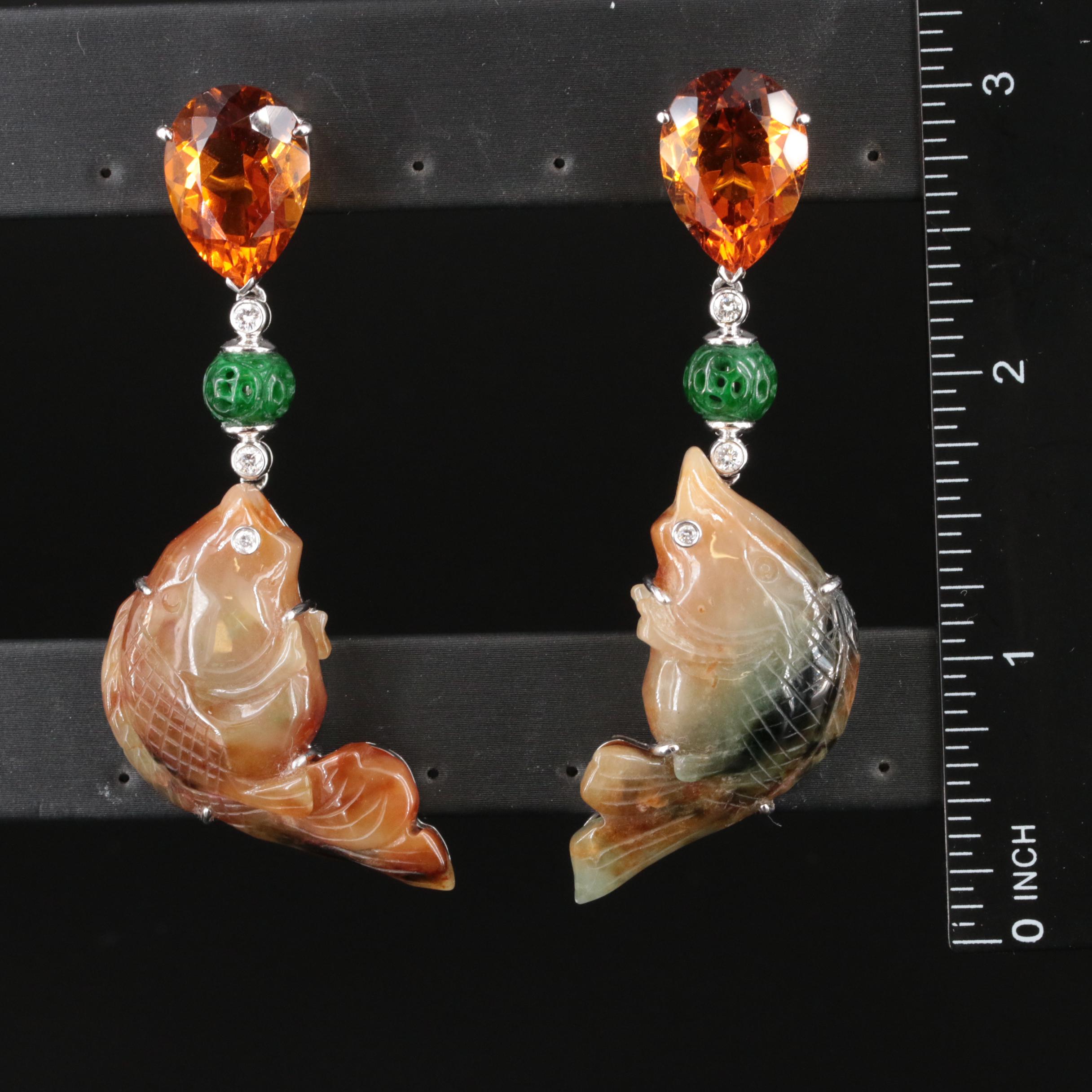18K Carved Diamond, Jadeite and Gemstone Goldfish Earrings