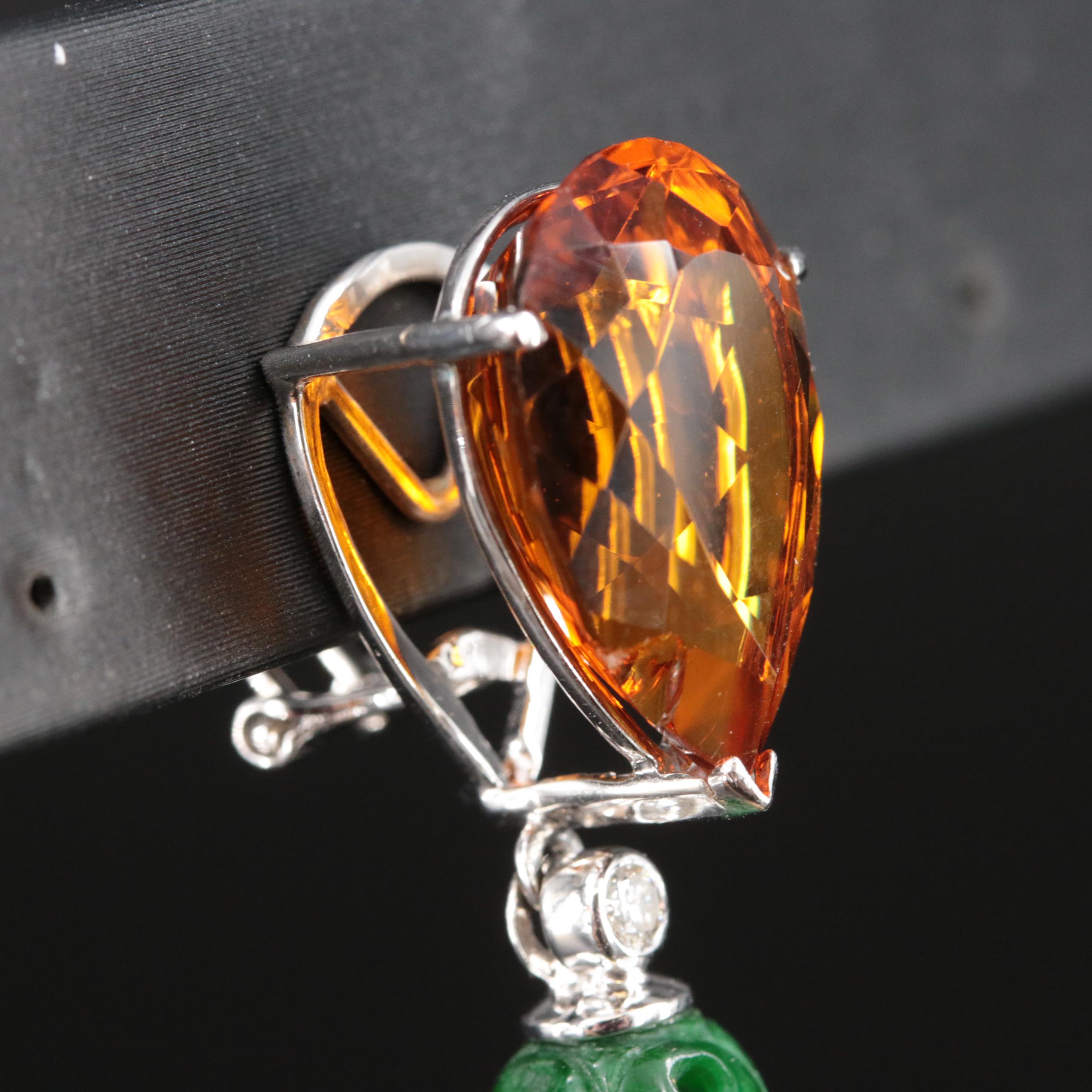 18K Carved Diamond, Jadeite and Gemstone Goldfish Earrings