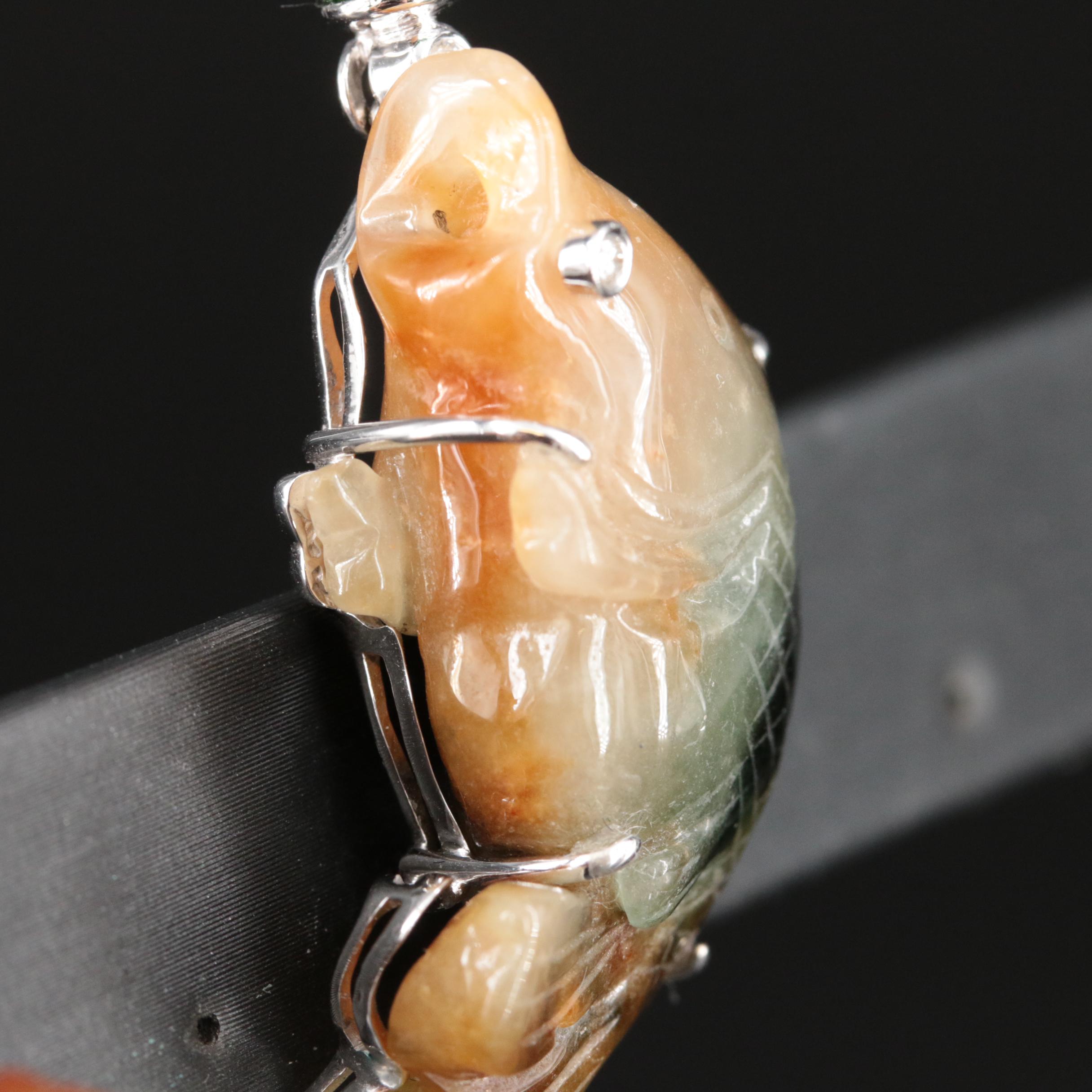 18K Carved Diamond, Jadeite and Gemstone Goldfish Earrings