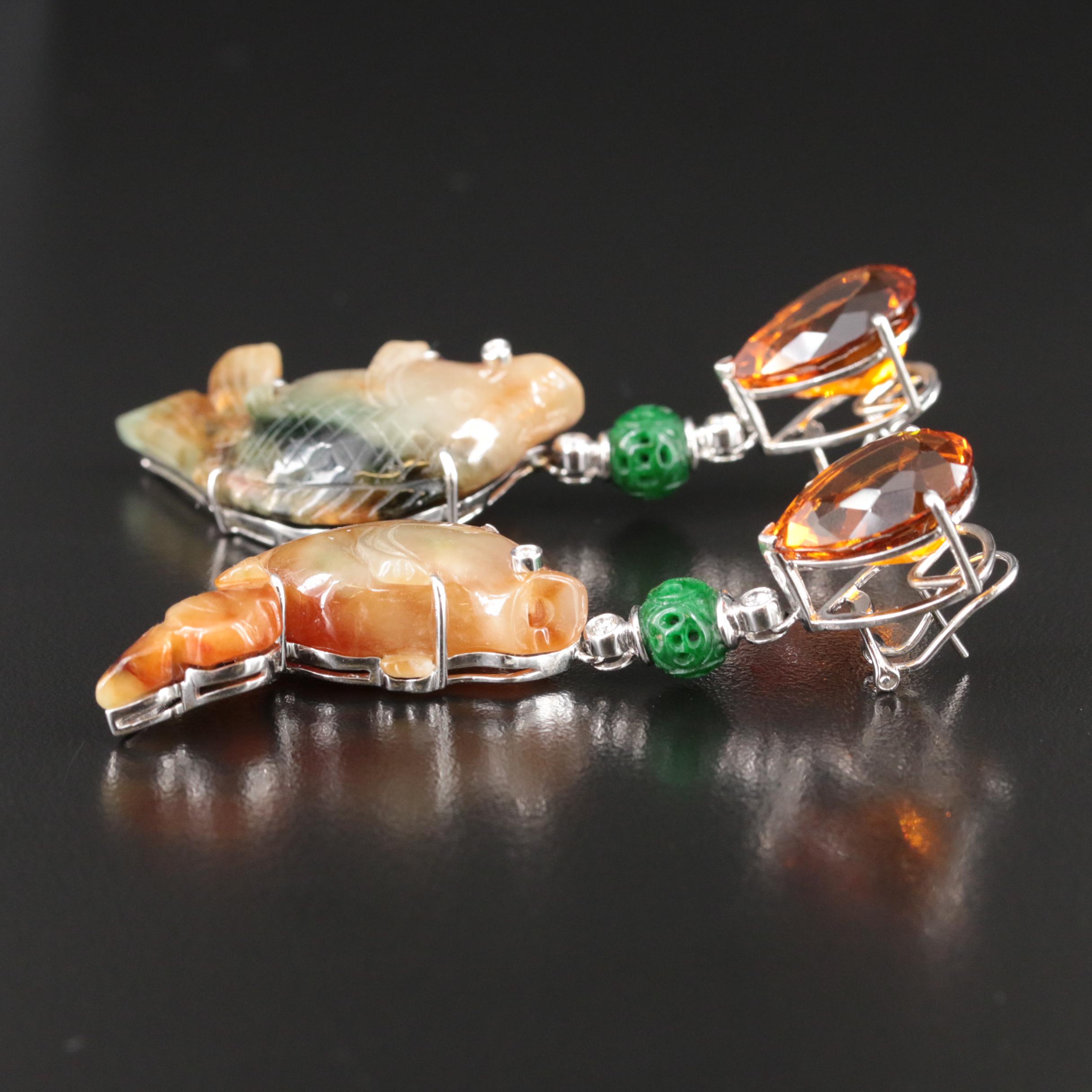 18K Carved Diamond, Jadeite and Gemstone Goldfish Earrings