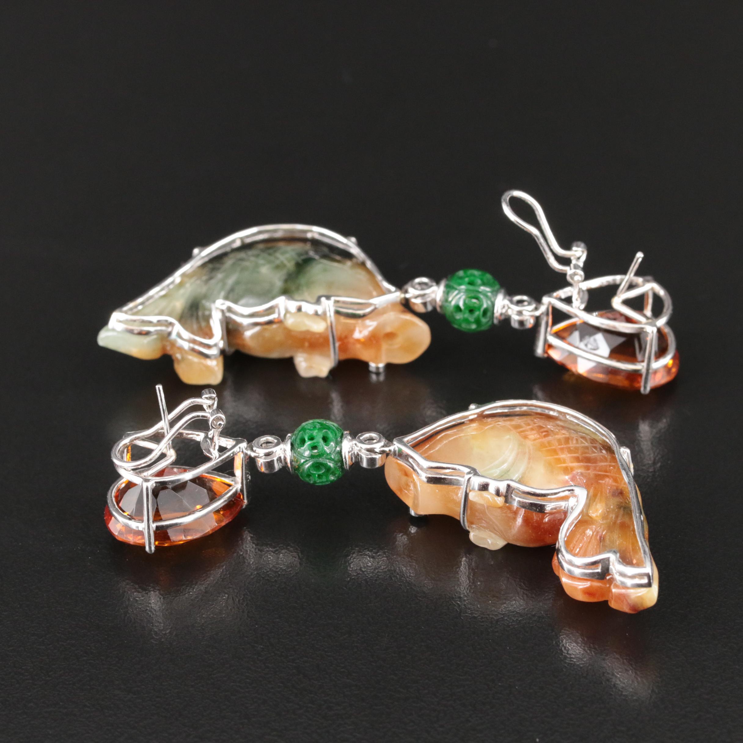 18K Carved Diamond, Jadeite and Gemstone Goldfish Earrings