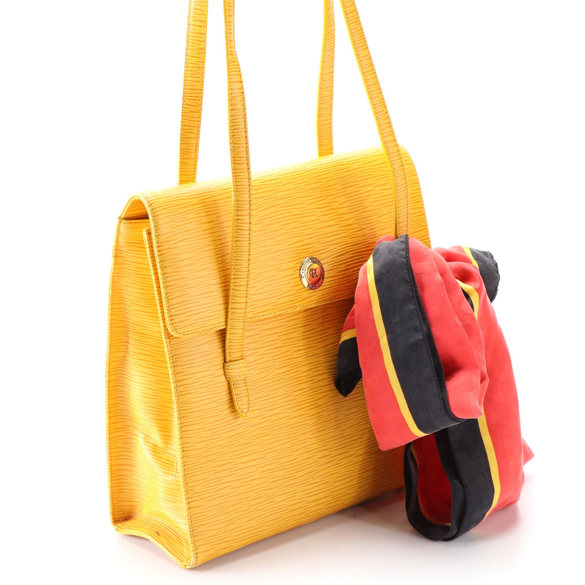 Carolina Herrera Textured Leather Shoulder Bag with Silk Scarf