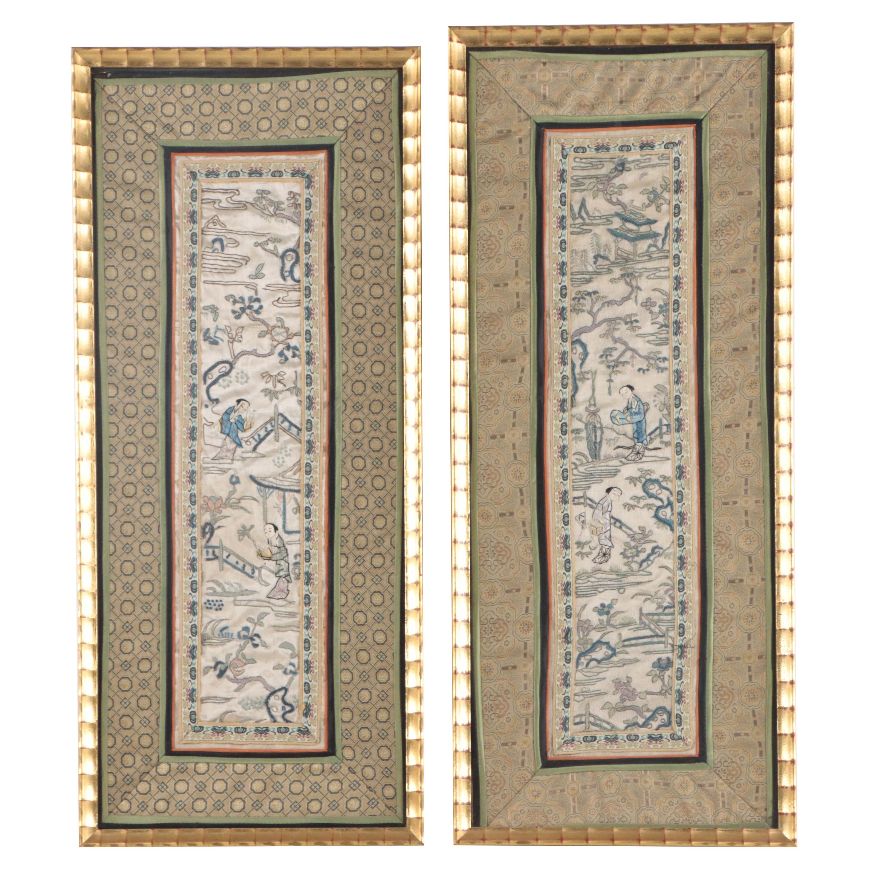 East Asian Silk Embroidery Wall Hangings of Figures in Landscapes