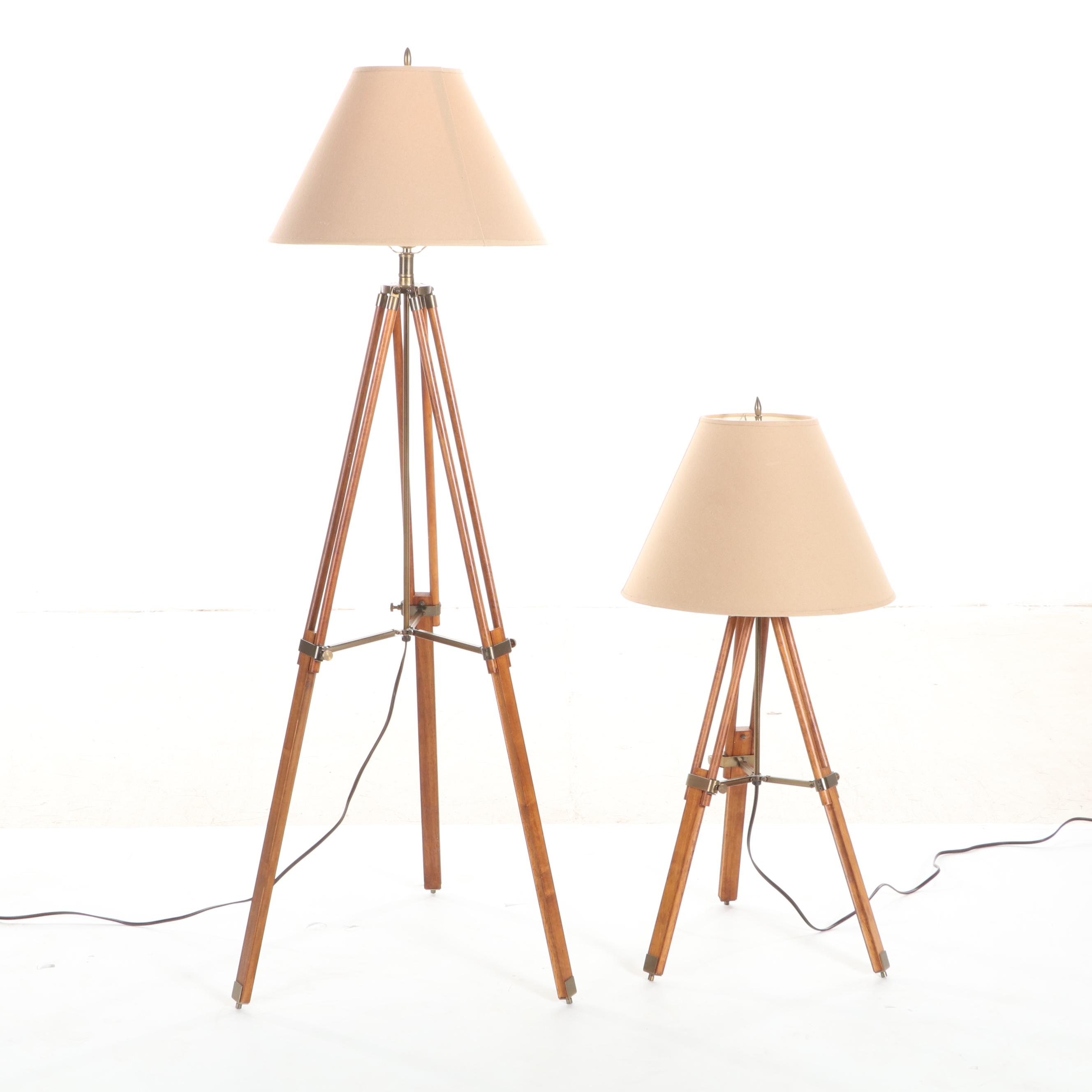 Wood and Brass Surveyor's Tools Tripod Adjustable Floor and Table Lamps
