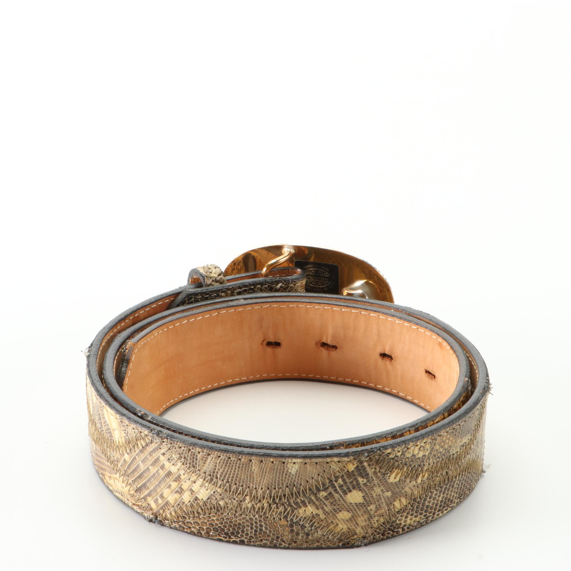 Justin Lizard Skin Belt with Etched Floral Silver Plate Buckle