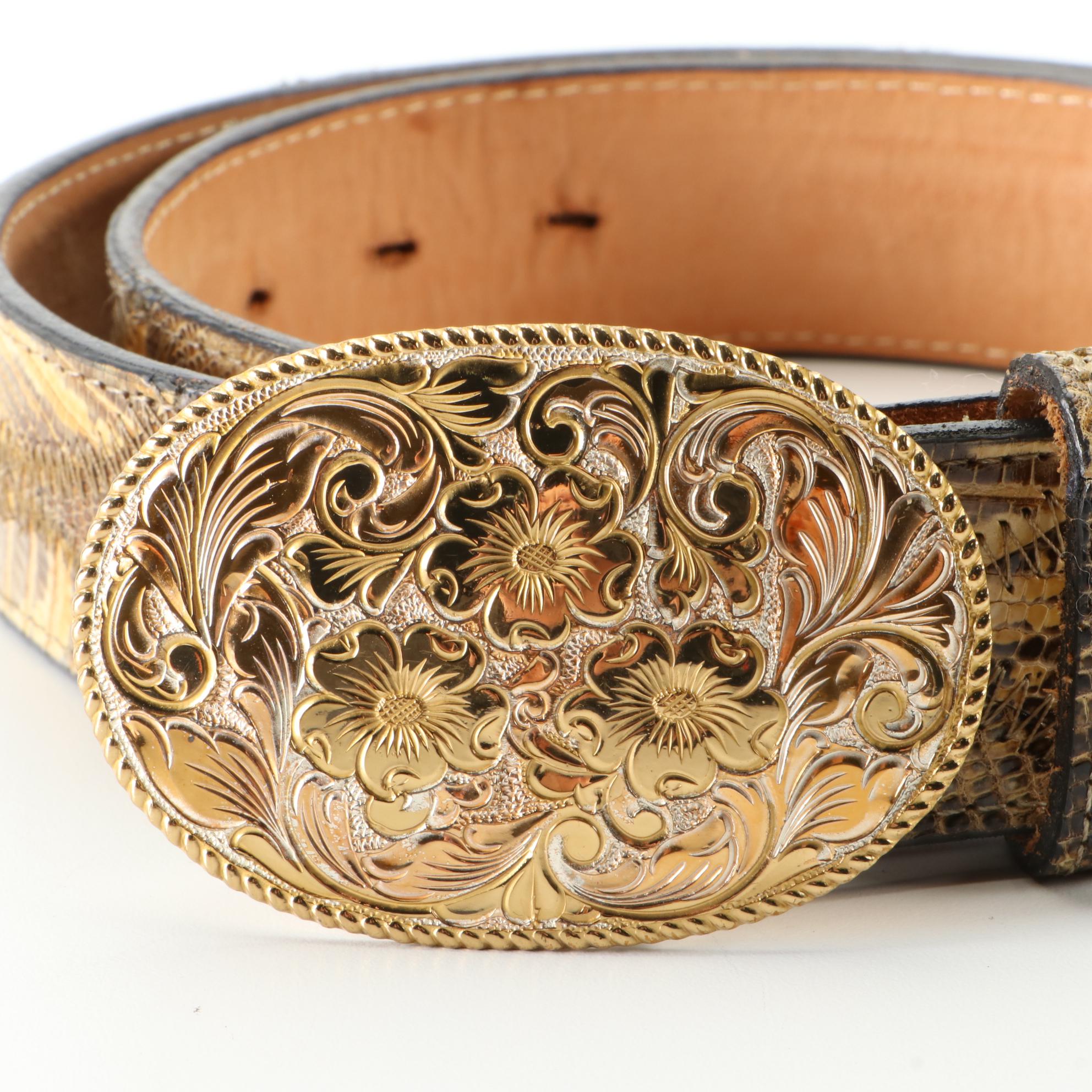 Justin Lizard Skin Belt with Etched Floral Silver Plate Buckle