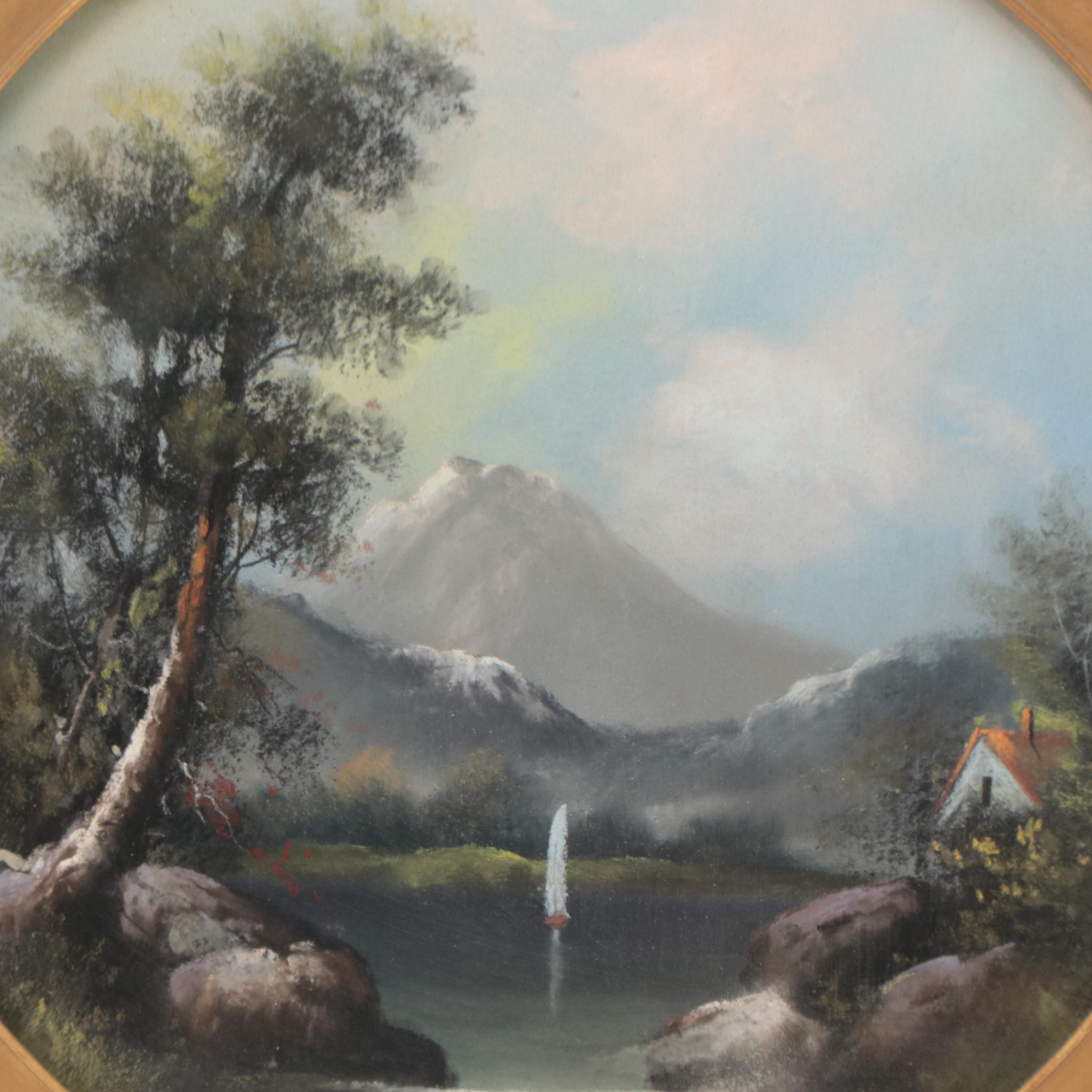 Alpine Landscape Tondo Chalk Pastel Drawing