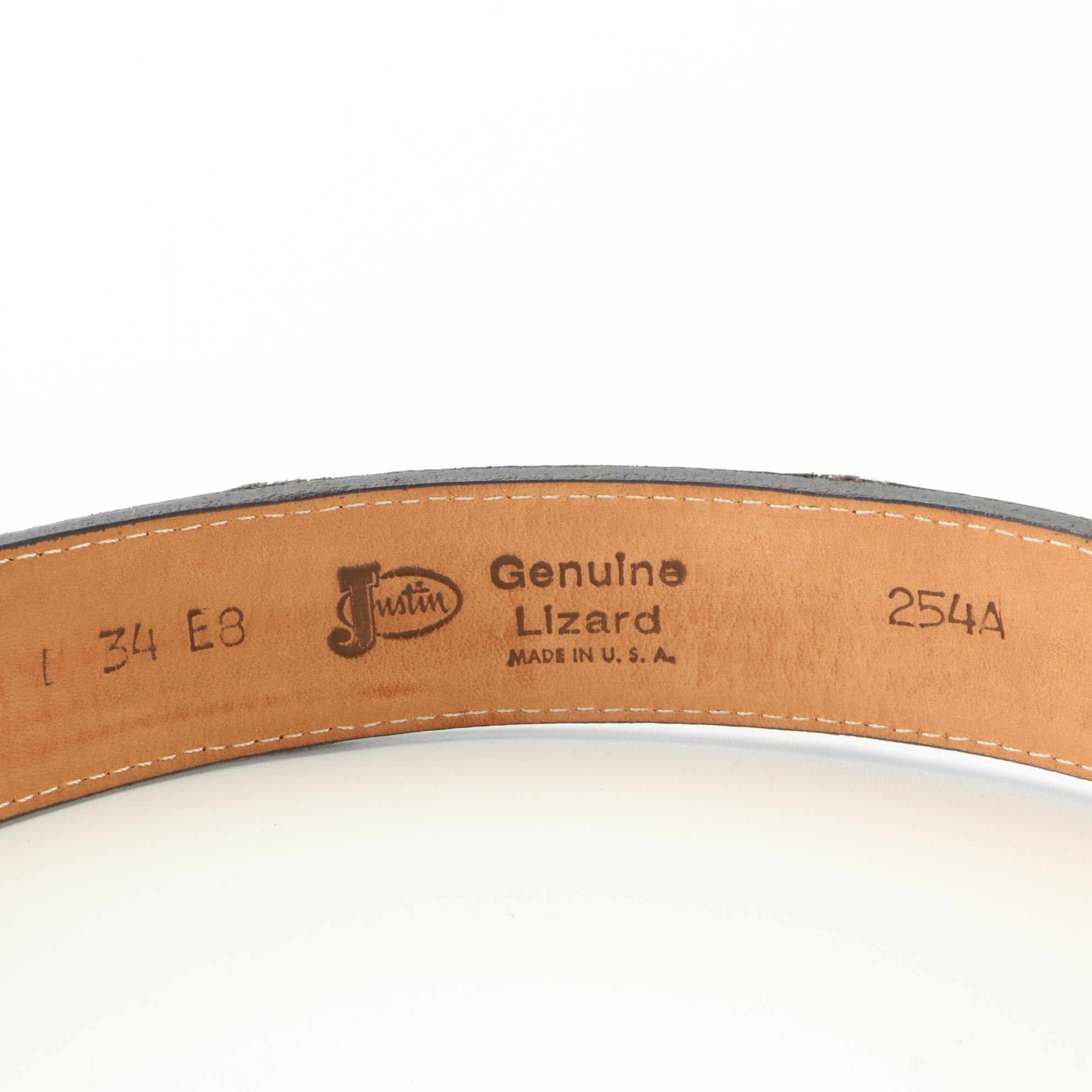 Justin Lizard Skin Belt with Etched Floral Silver Plate Buckle