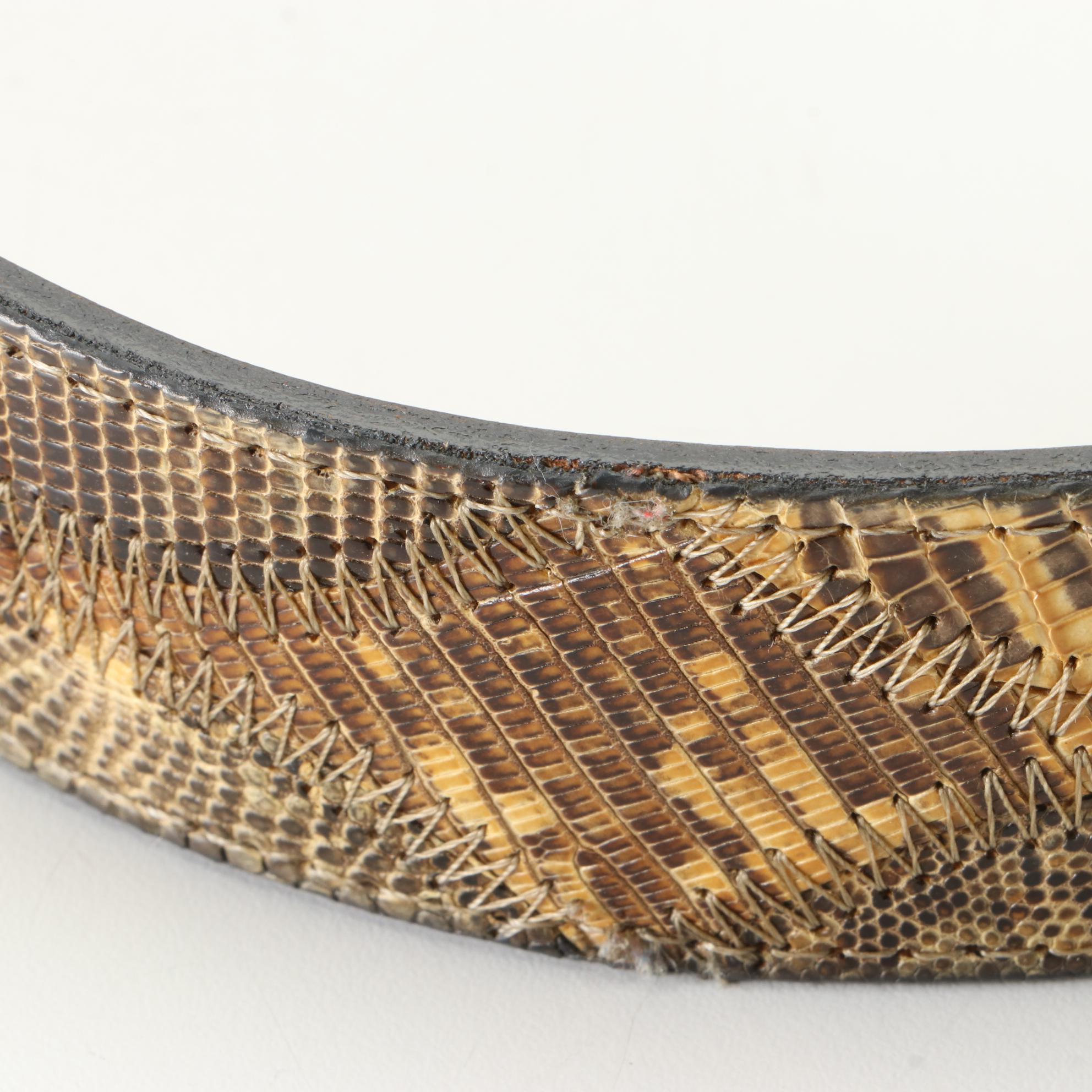 Justin Lizard Skin Belt with Etched Floral Silver Plate Buckle