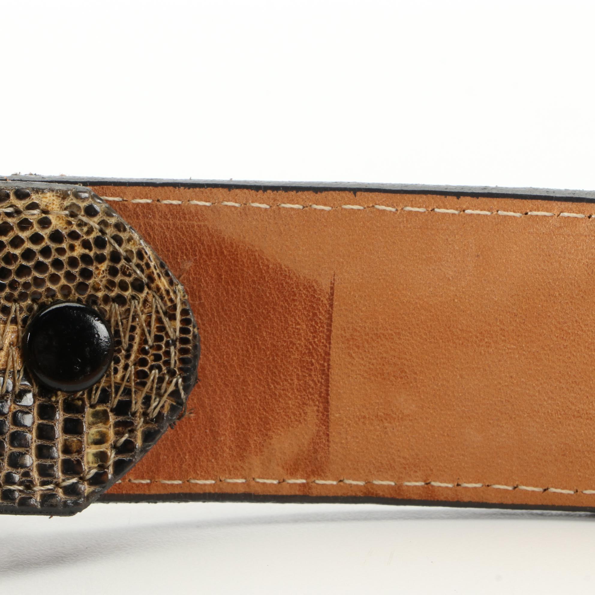 Justin Lizard Skin Belt with Etched Floral Silver Plate Buckle