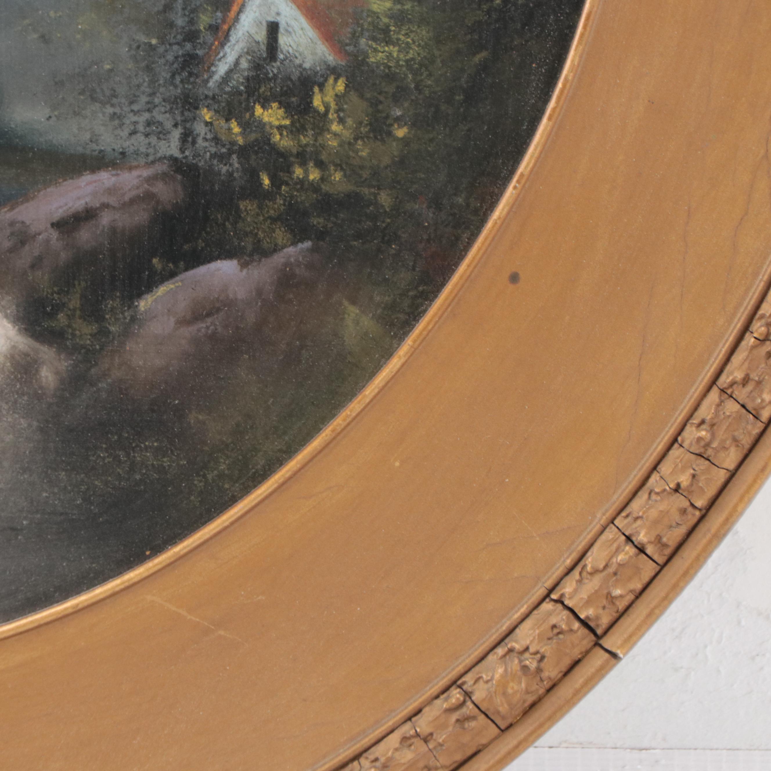 Alpine Landscape Tondo Chalk Pastel Drawing