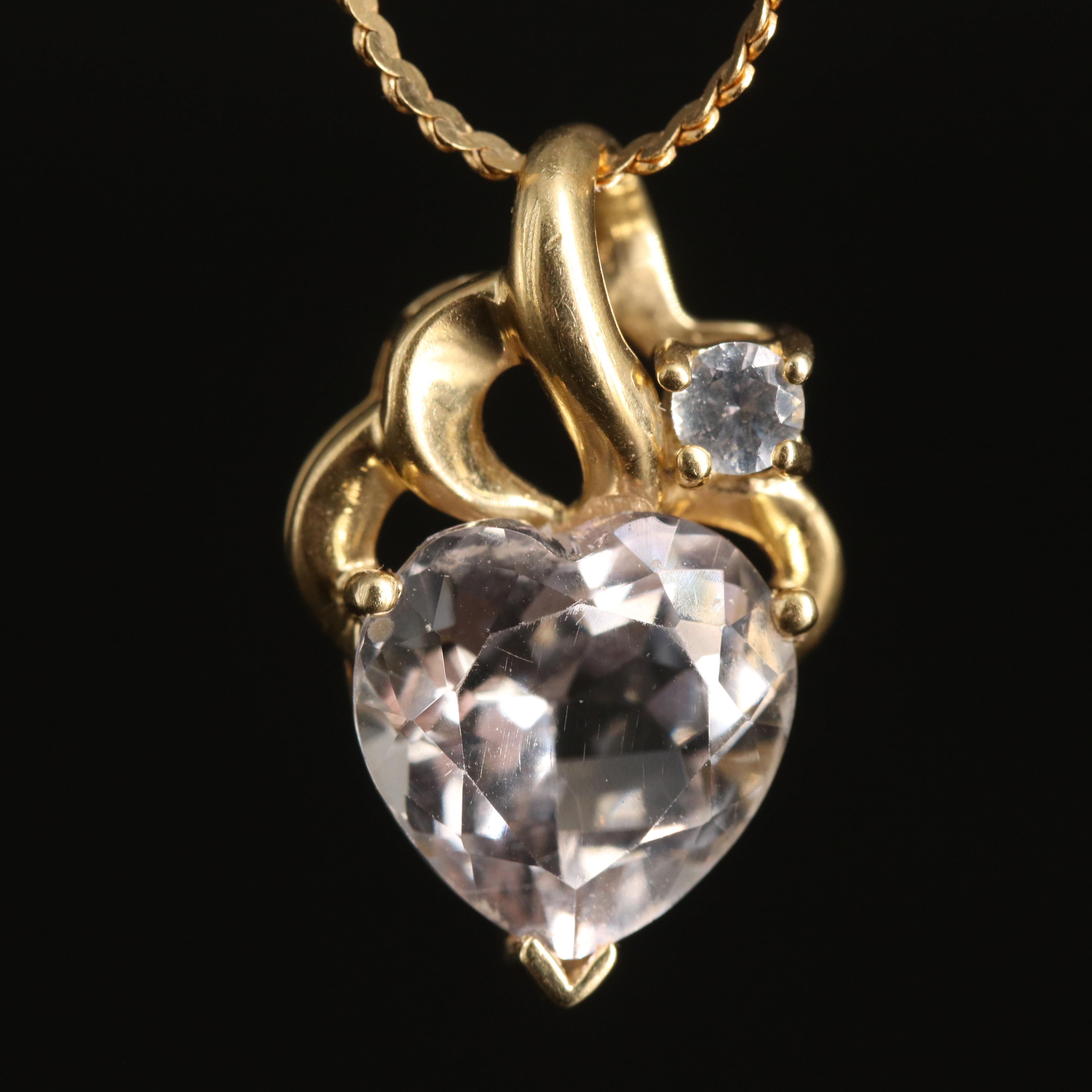 14K and 18K Rock Crystal Quartz and Topaz Heart Necklace