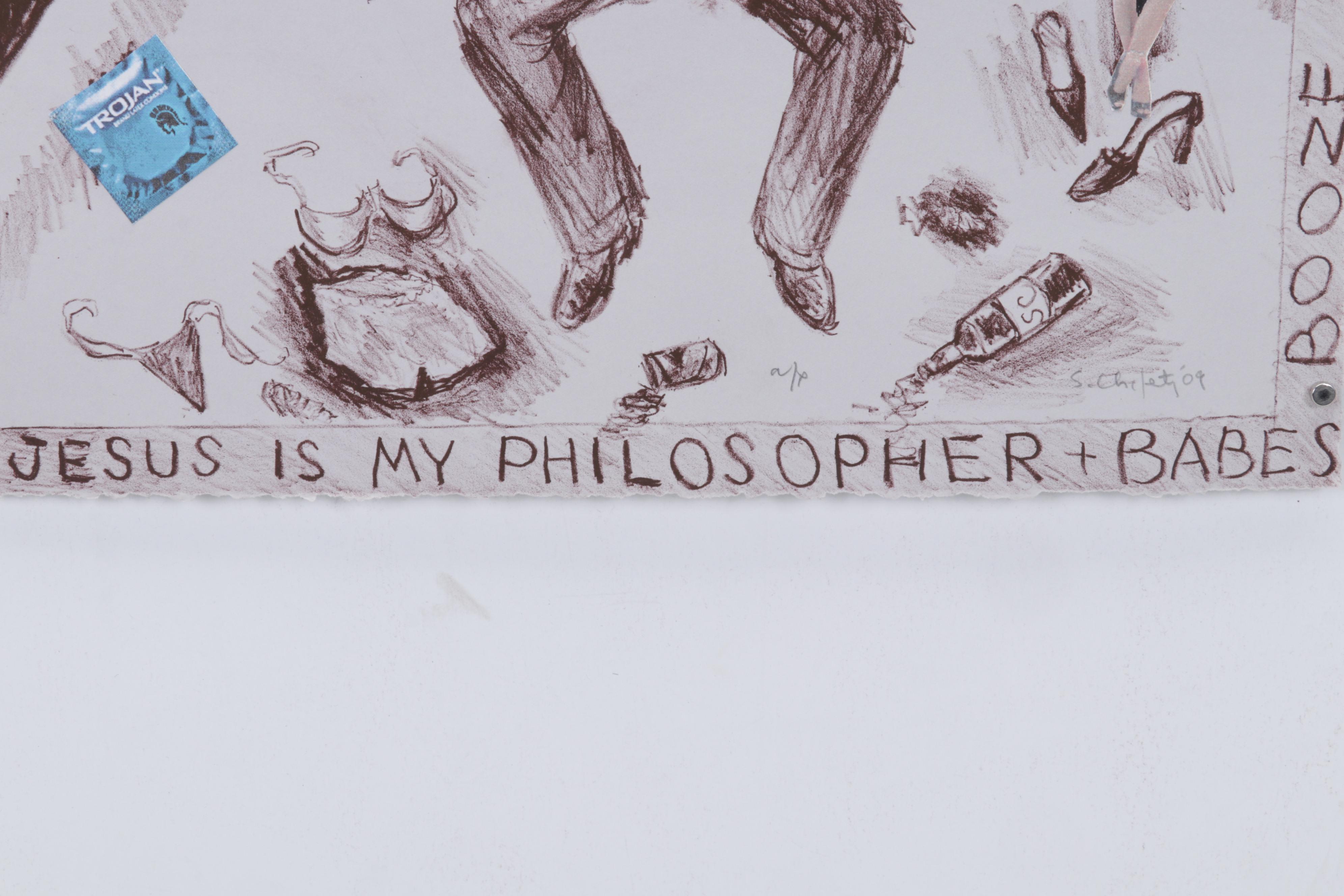 Sidney Chafetz Lithograph With Appliqué "Jesus is My Philosopher & Babes," 2009