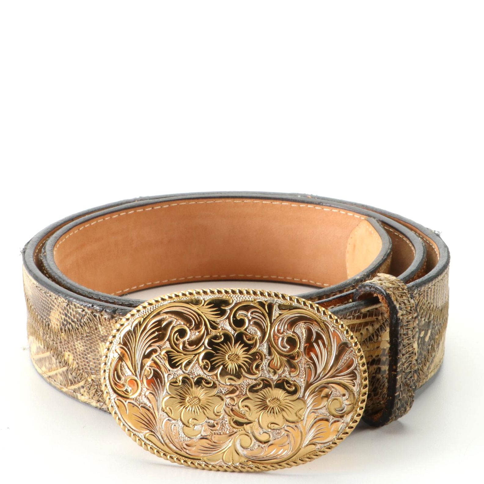 Justin Lizard Skin Belt with Etched Floral Silver Plate Buckle